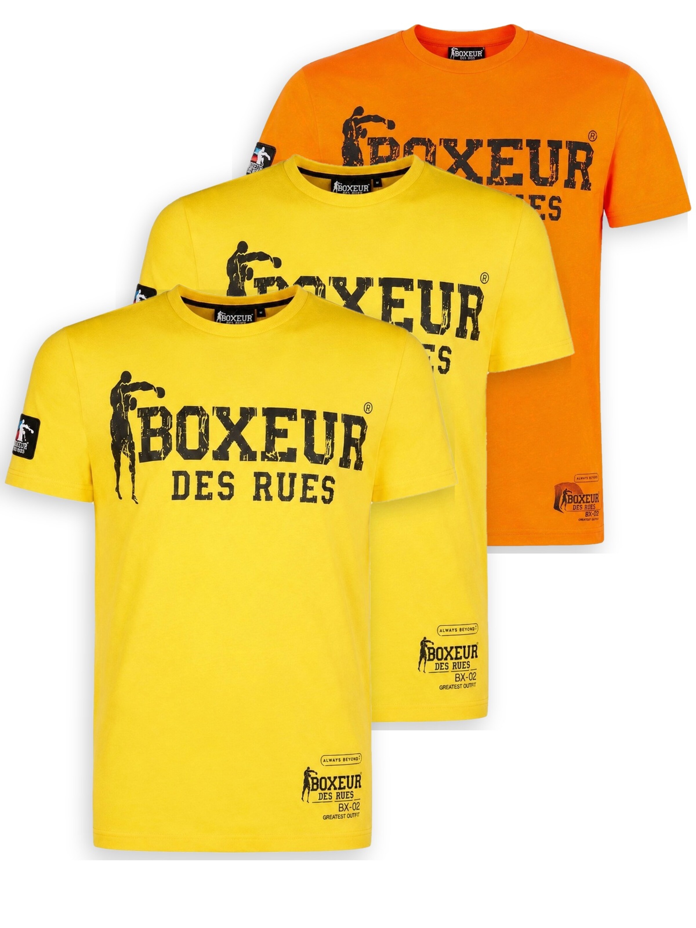 Boxeur des Rues Shirt 'Herren T-Shirt 3er-Pack Boxeur des Rues Slim Fit: 2 x Gelb, Schwarzes Logo + Orange, Schwarzes Logo'‌‌‌‌‌‌‌‌‌‌ in Mischfarben: Vorderseite