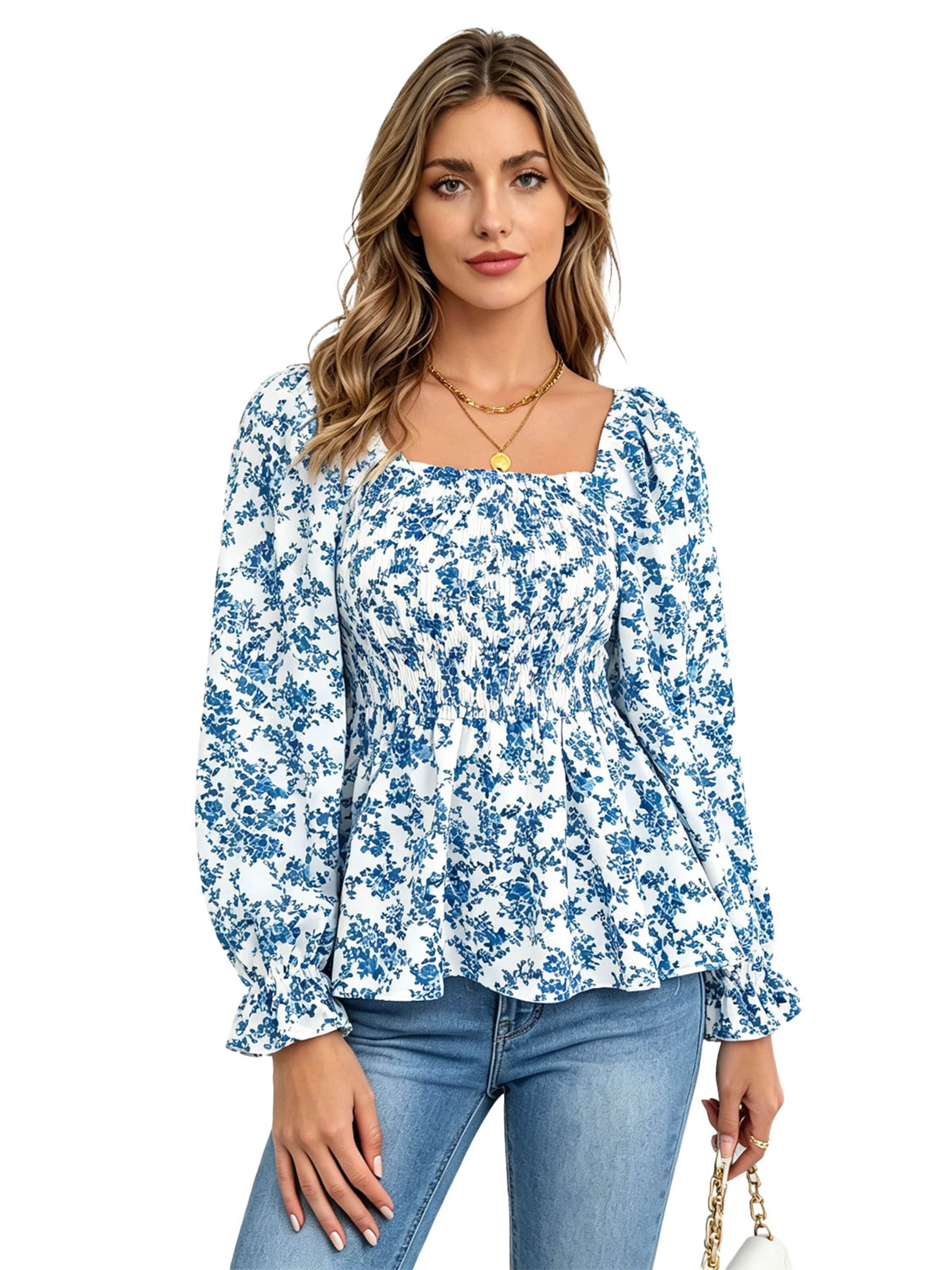KoJooin Shirt 'Damenbluse Mit Karree-Ausschnitt Blumenprint Puffärmeln Und Volantsaum' in Blue: front