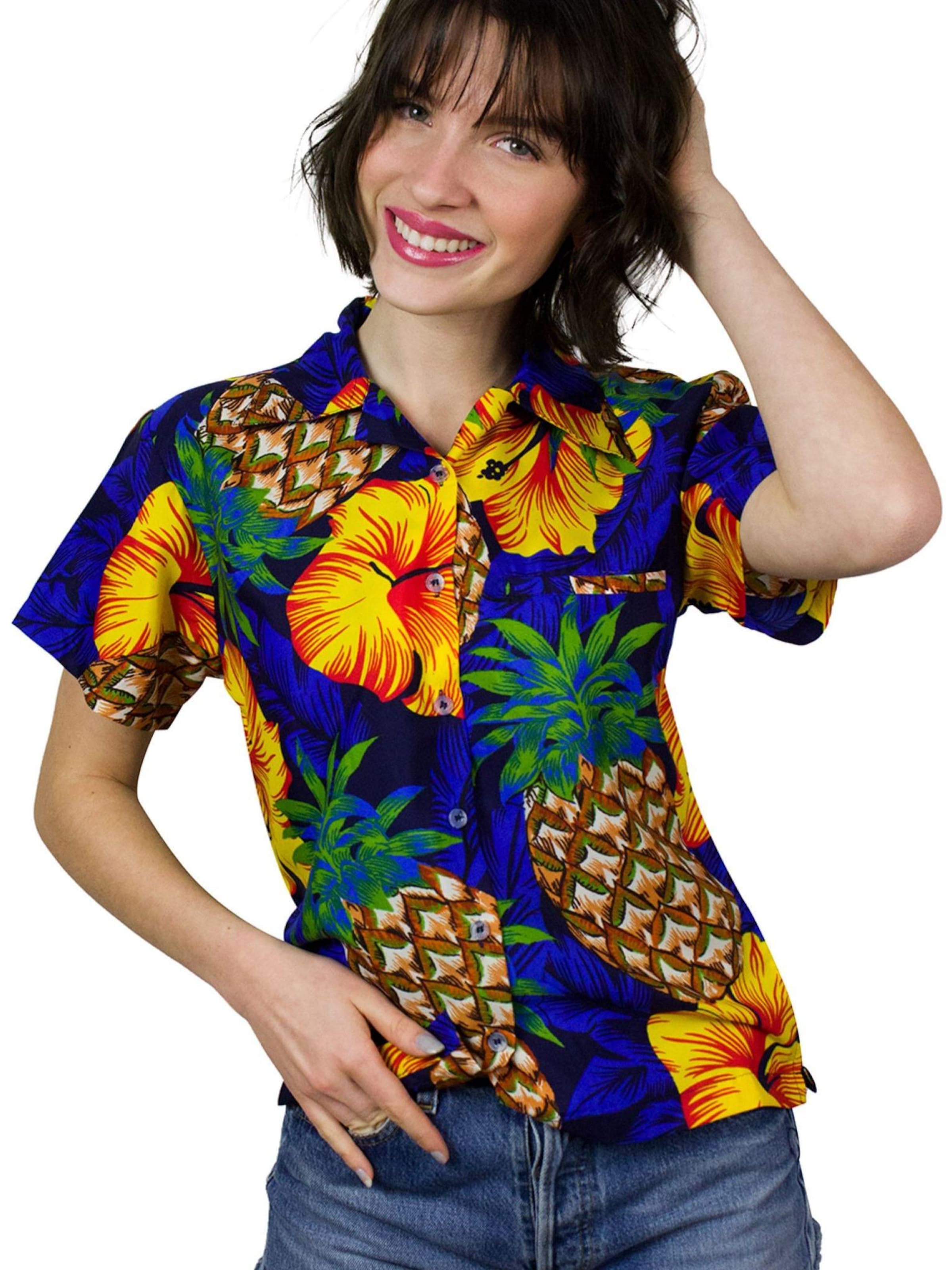 King Kameha Blouse 'Pineapple Hibiscus' in Blue