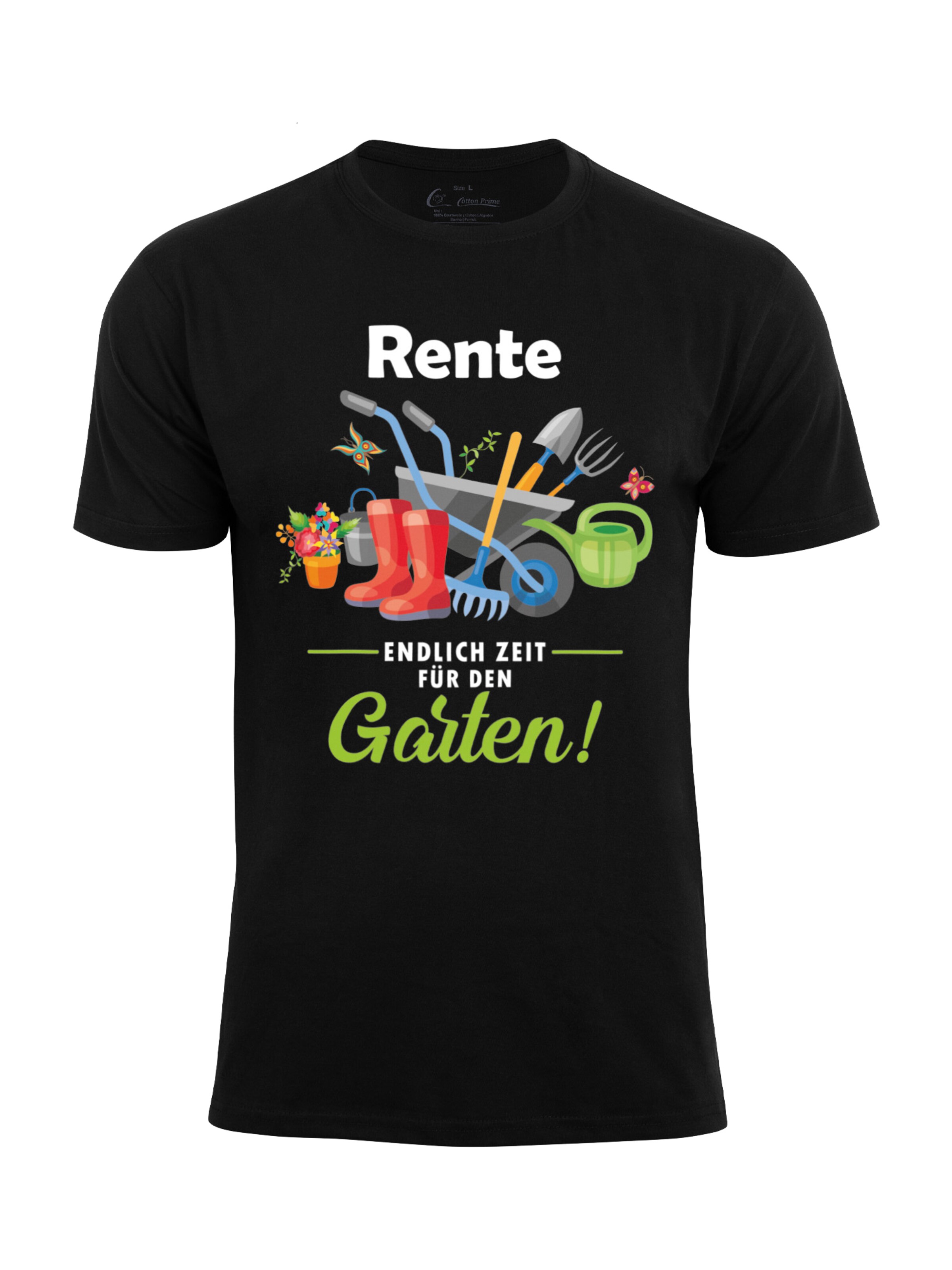 Cotton Prime Shirt 'Rente - Endlich Zeit Für Den Garten' in Zwart: voorkant