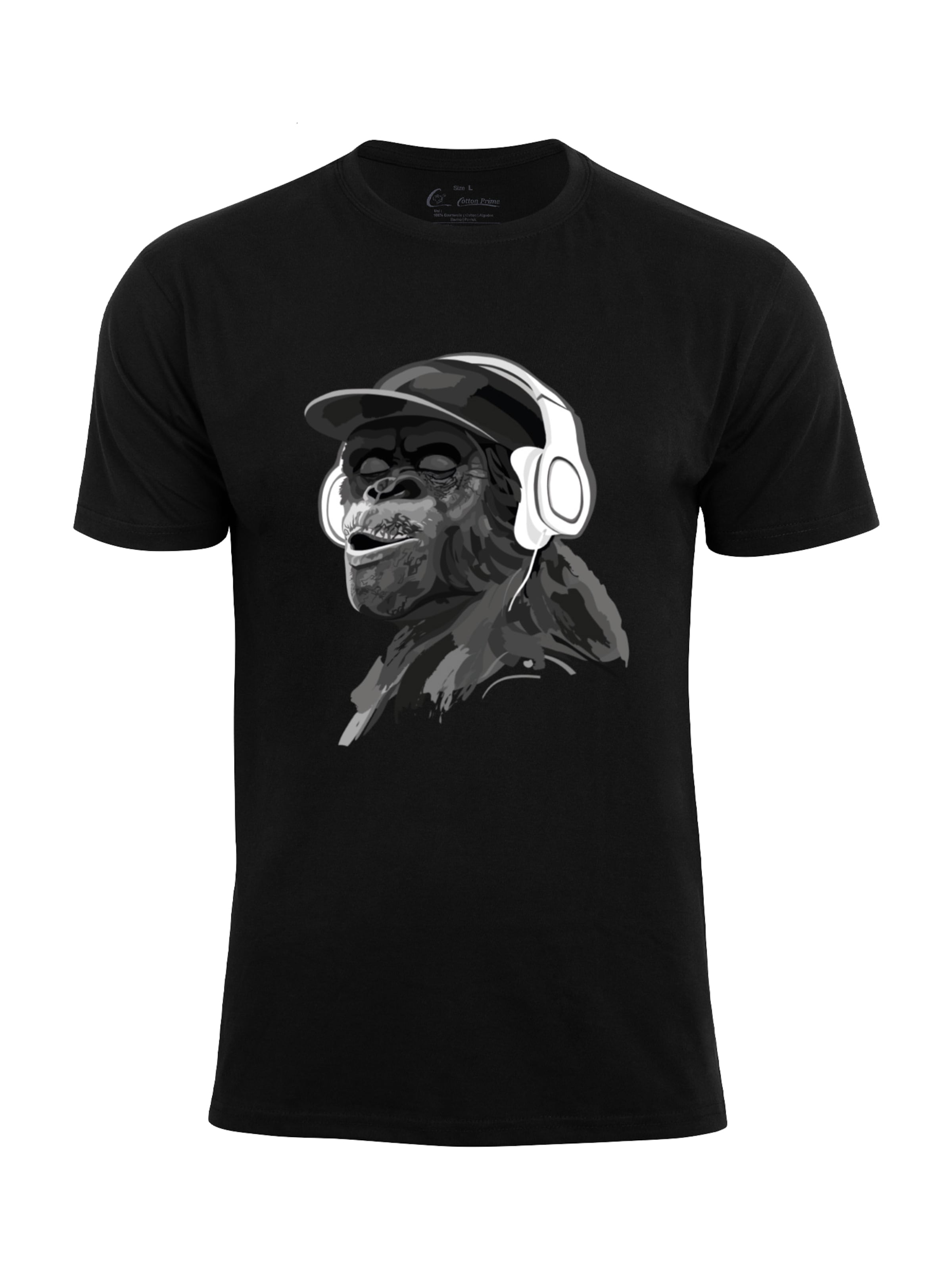 Cotton Prime Shirt 'Monkey mit DJ-Kopfhörer' in Zwart: voorkant