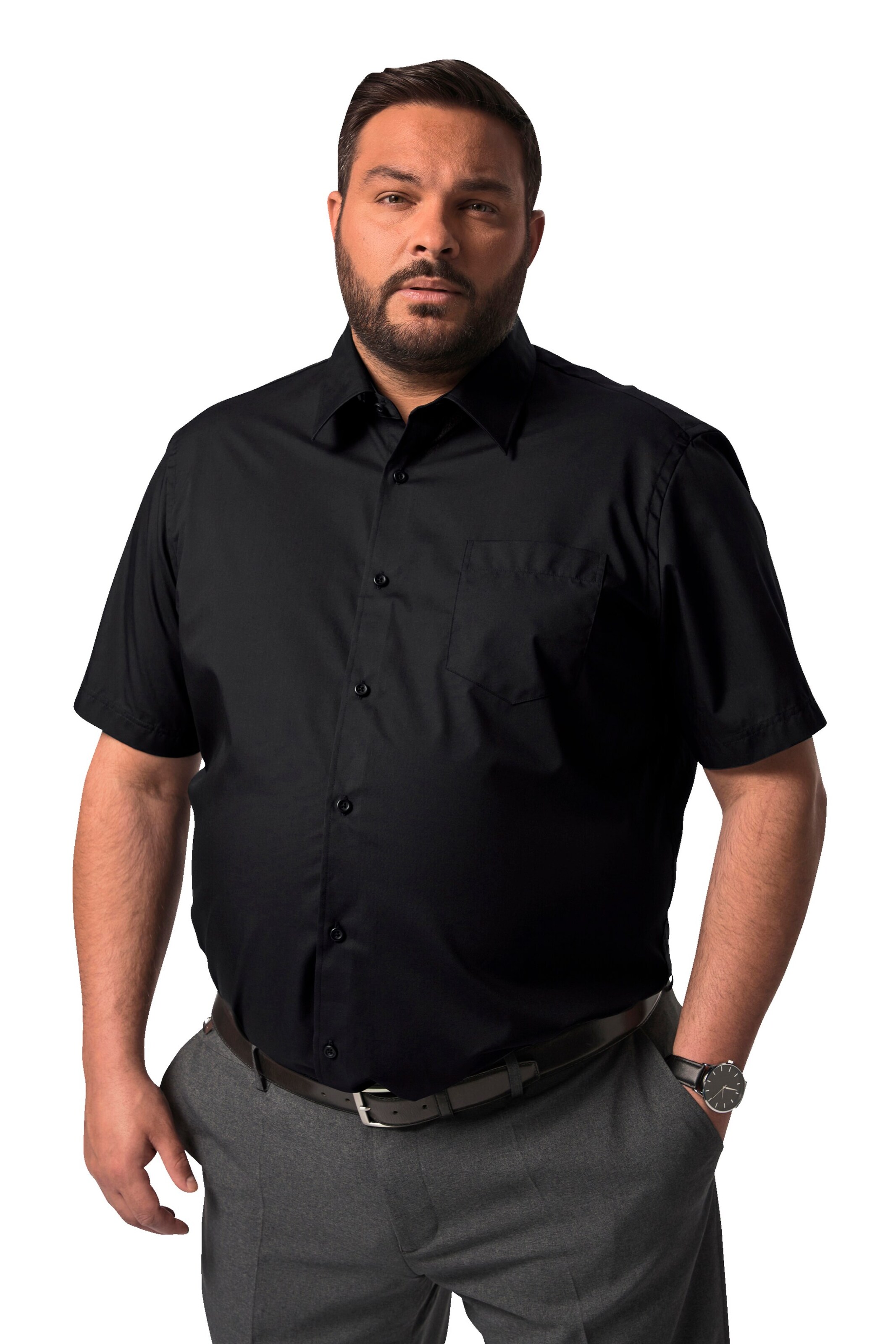 Men Plus Comfort fit Overhemd in Zwart: voorkant