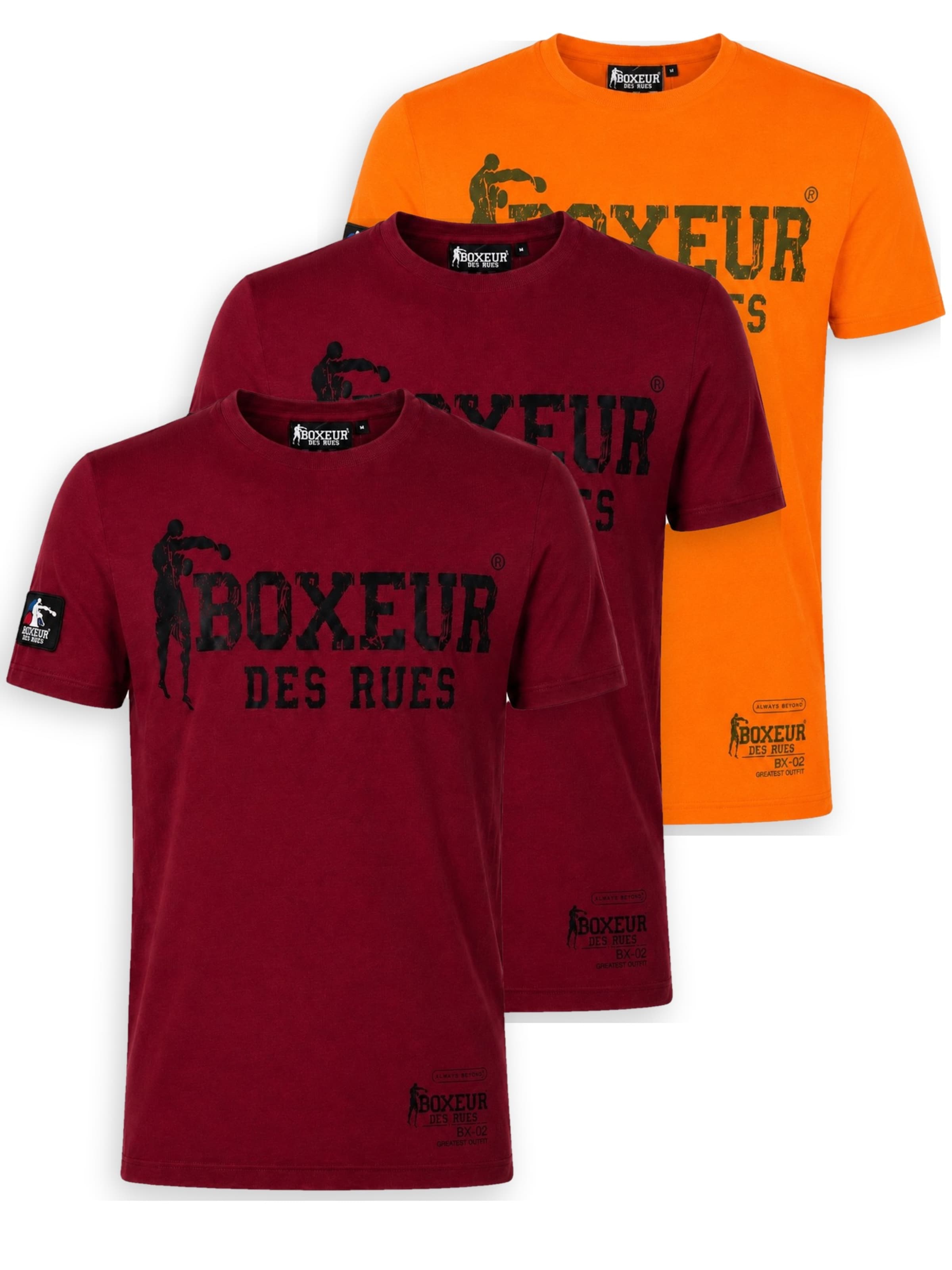Boxeur des Rues Shirt 'Herren T-Shirt 3er-Pack Boxeur des Rues Slim Fit: 2 x Bordeaux, Schwarzes Logo + Intensives Orange, Olivgrünes Logo' in Mixed colors: front