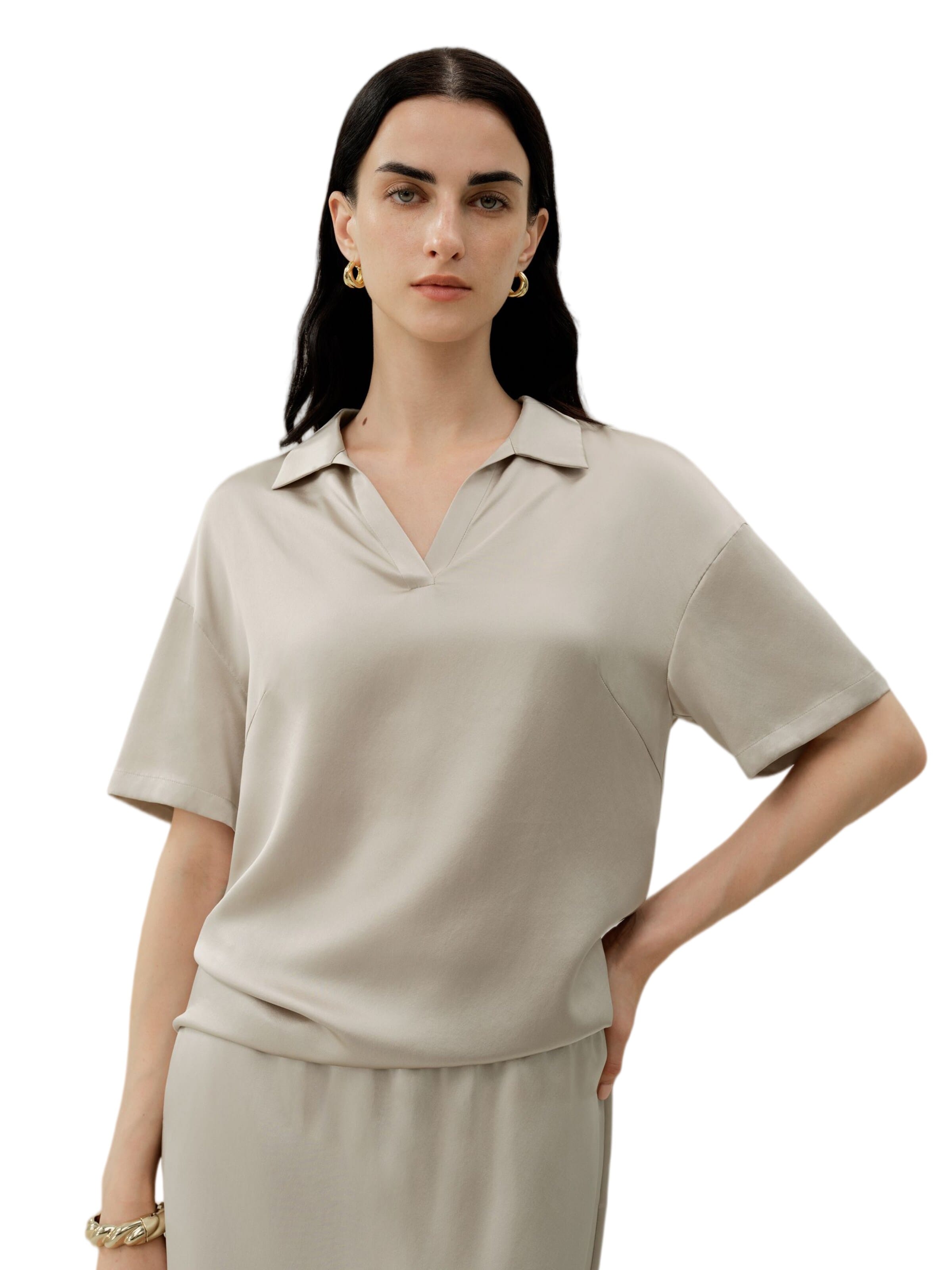 Lilysilk Bluse 'LILYSILK Waschbare Seiden-Charmeuse Polo-Oberteil'‌ in Grau: Vorderseite
