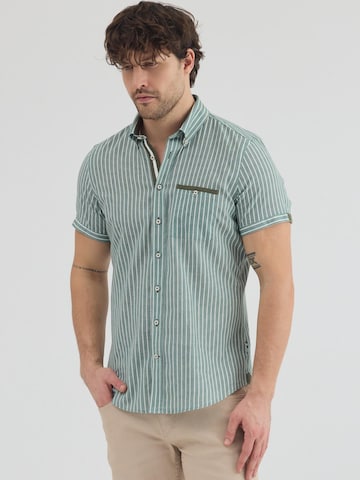 7Camicie Slim fit Zakelijk overhemd 'Iconic Linen Man Shirt Short Sleeve Green White' in Groen