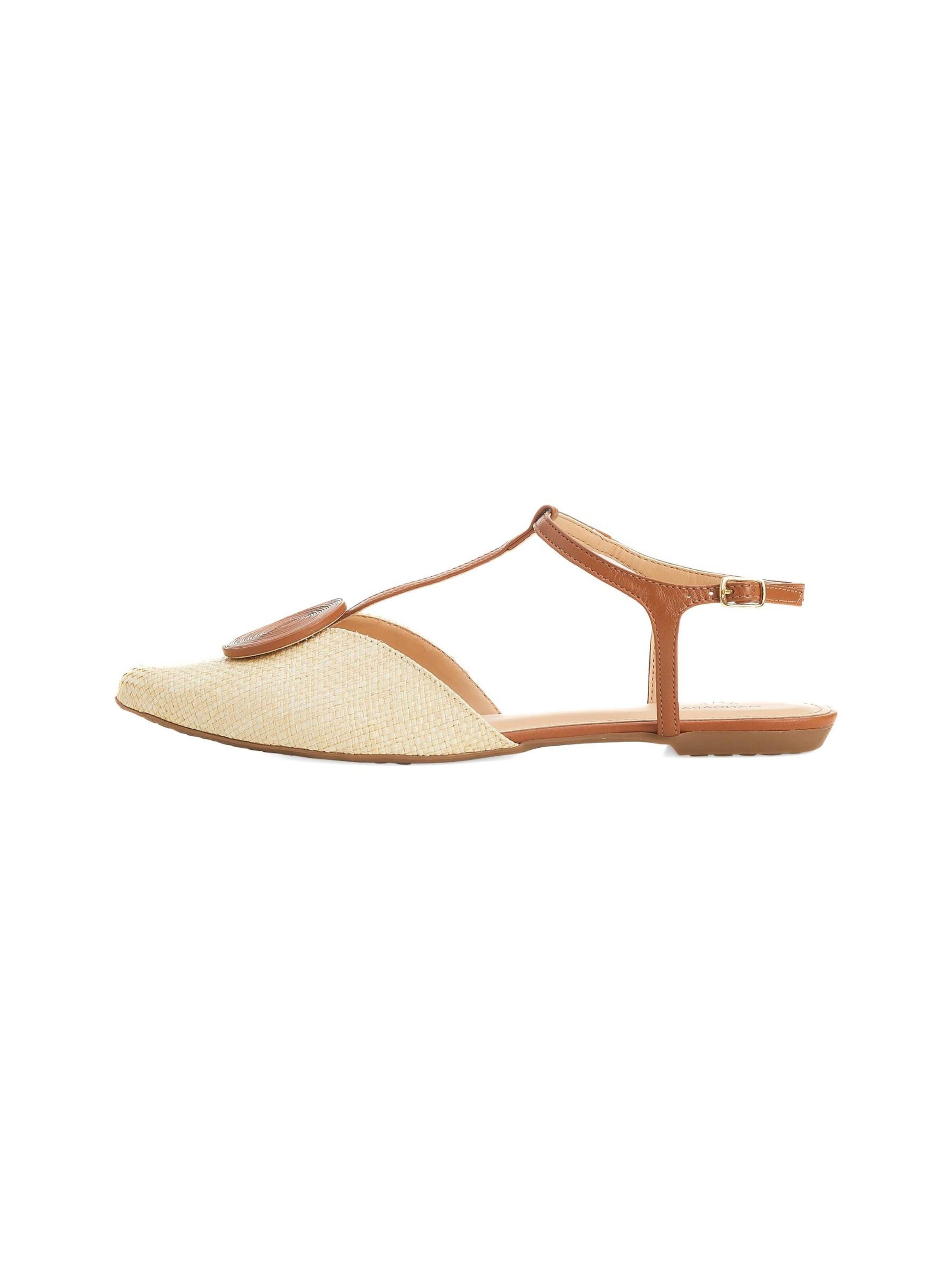 Infradito 'Acerola Damen T-Bar Sandalen Raffia Leder Beige Flach' di Mangara Atelier in beige: frontale