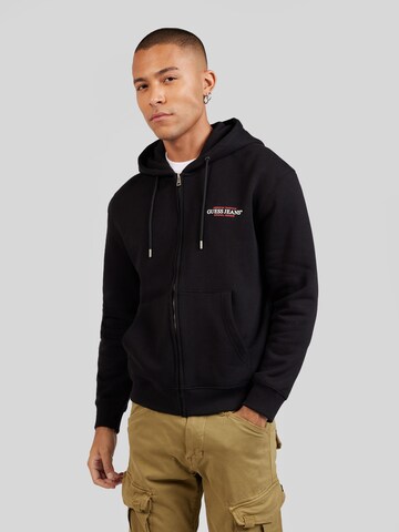 GUESS JEANS Zip-Up Hoodie in Black: front