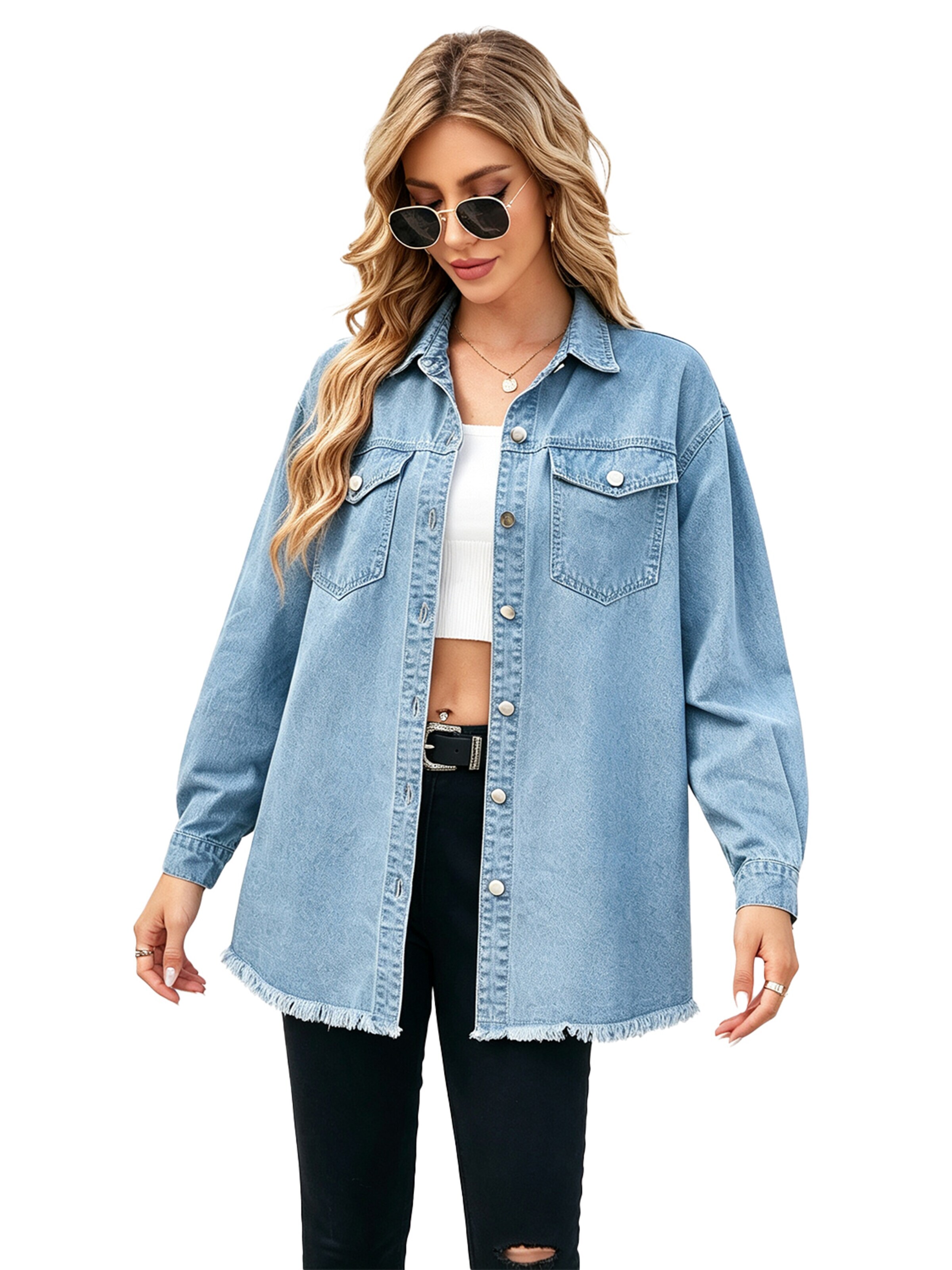 KoJooin Płaszcz letni 'Damen Übergrößen Jeansjacke mit Knopfleiste und Used-Look Trendige Denim Shacket für Herbstoutfits' w kolorze niebieski