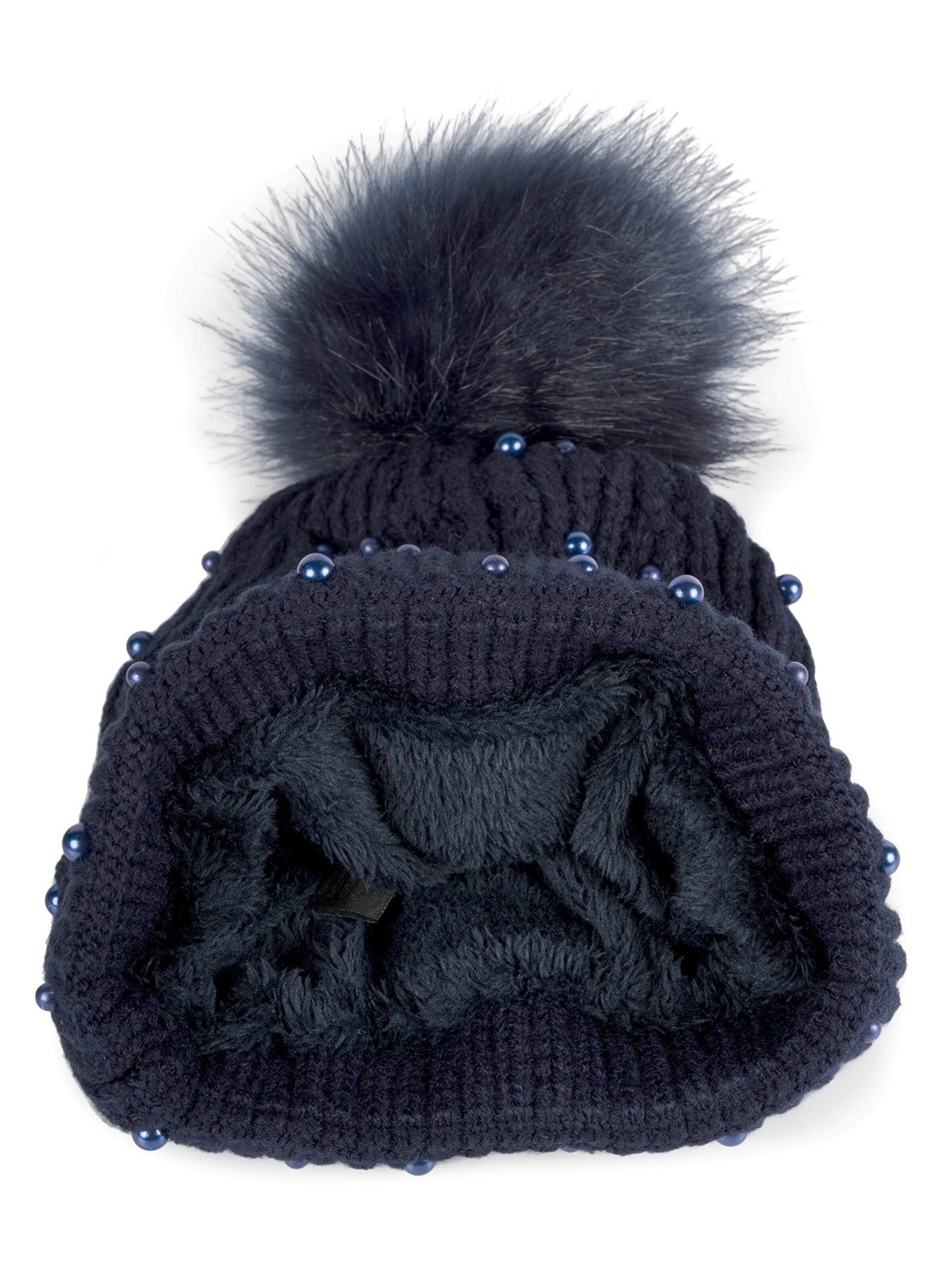 styleBREAKER Mütze 'Strick Bommelmütze mit Perlen und Fleece Futter'‌‌‌ in Blau