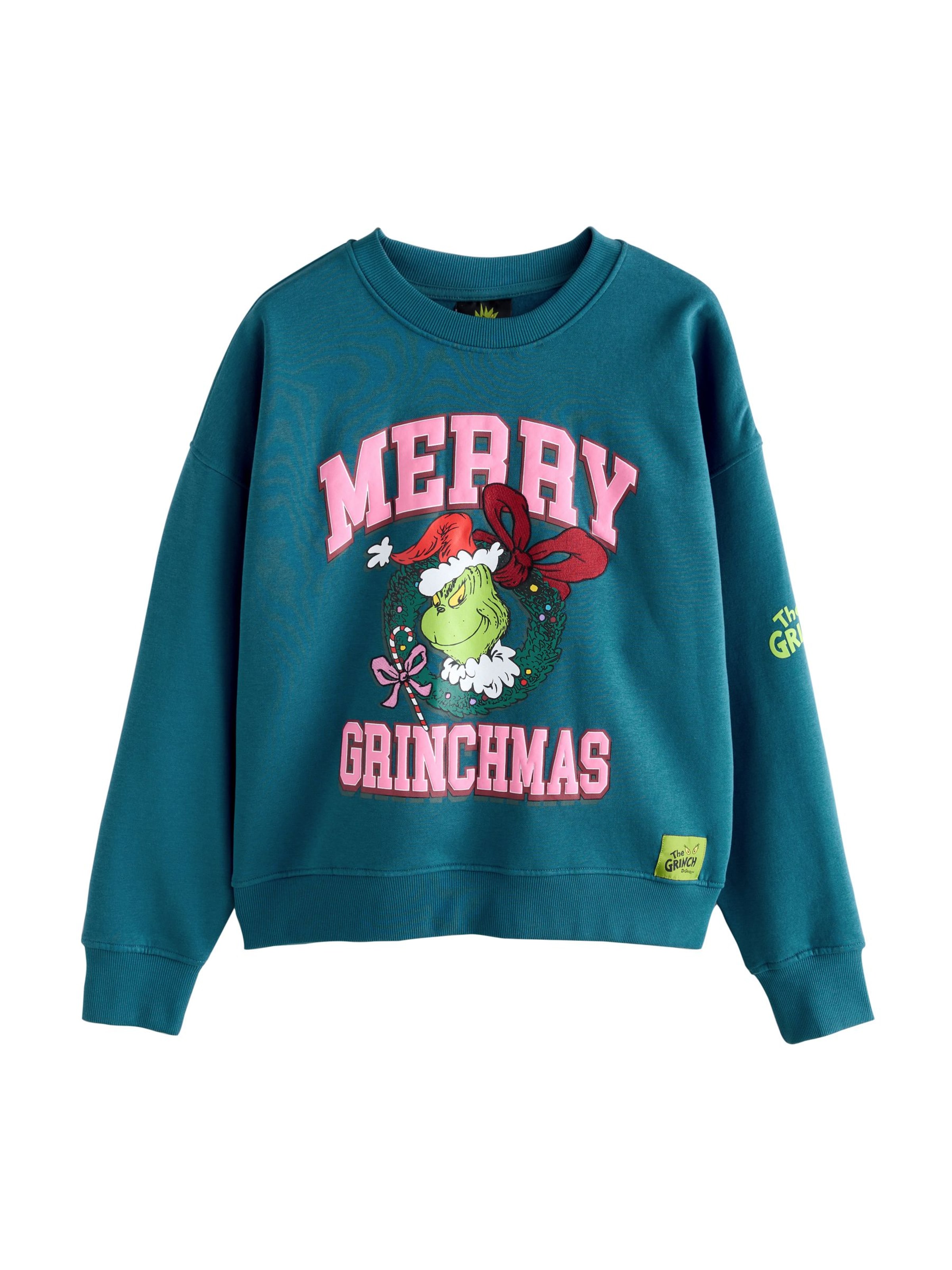 Next Mikina 'The Grinch Official License Fun Wreath Bow Christmas' - smaragdová / světle růžová / červená / bílá, Produkt