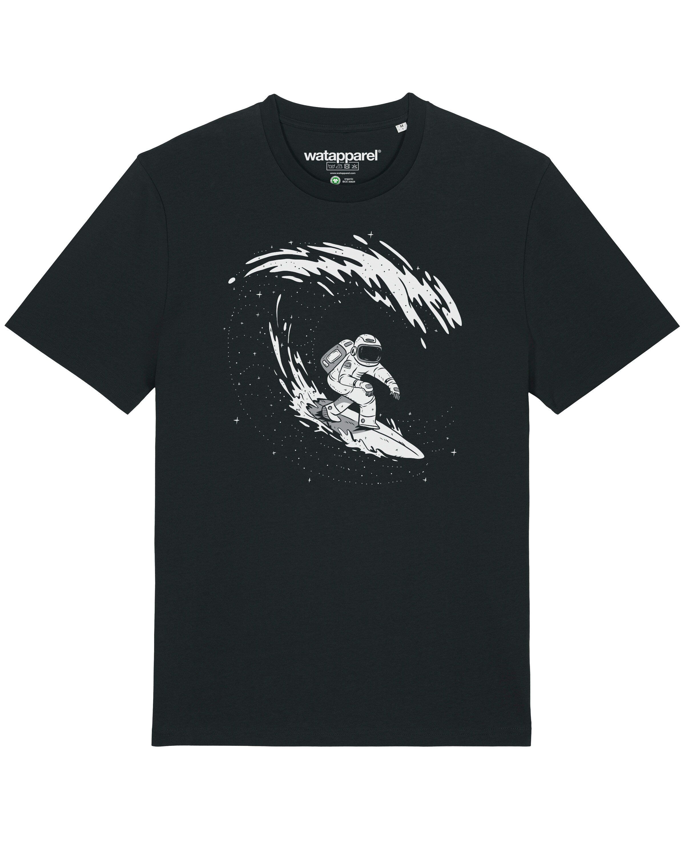 Maglietta 'Surfing Spaceman' di Watapparel in nero: frontale