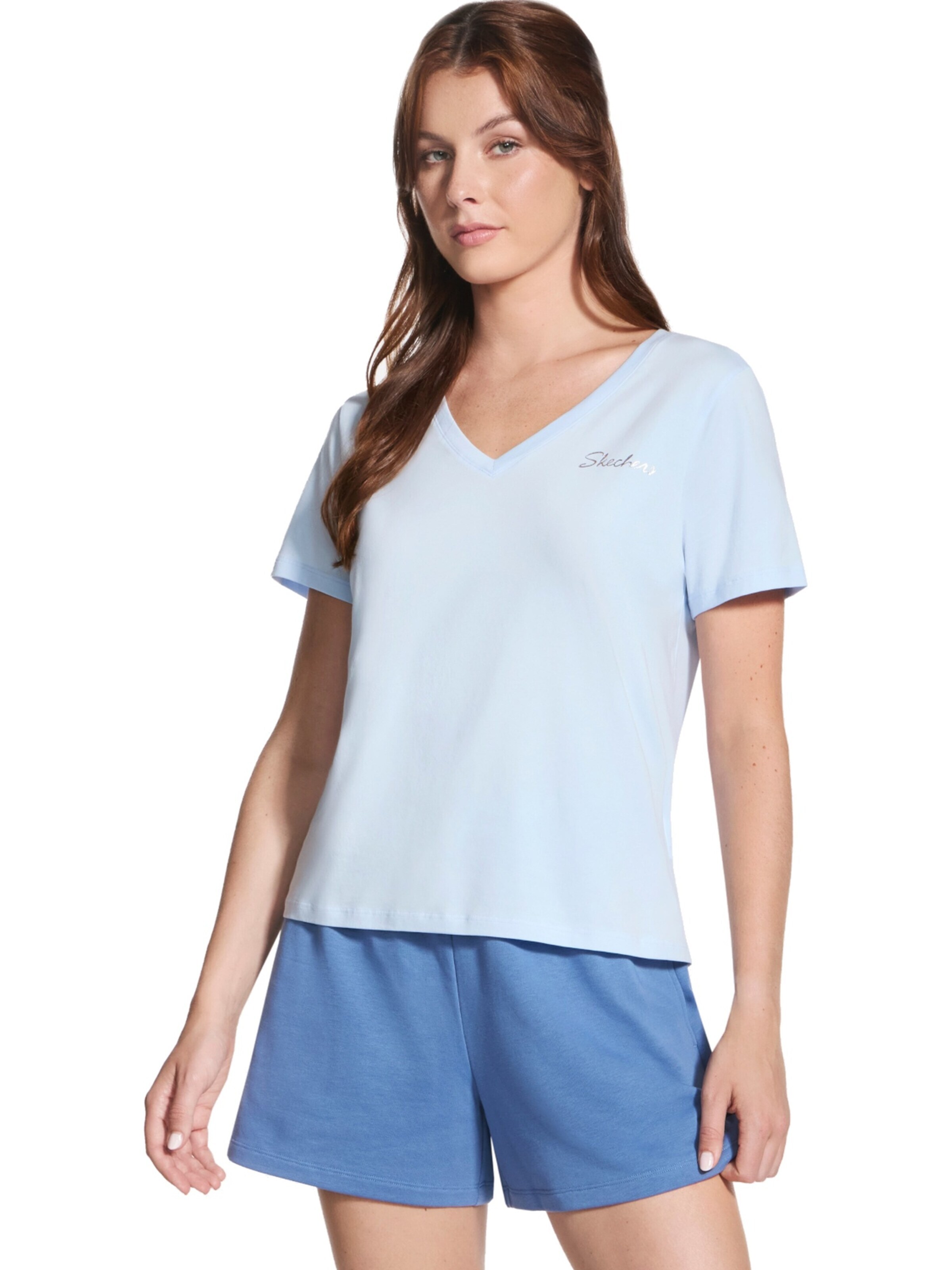 SKECHERS Shirt 'Skechers Signature V-Neck Tee' in Blue: front