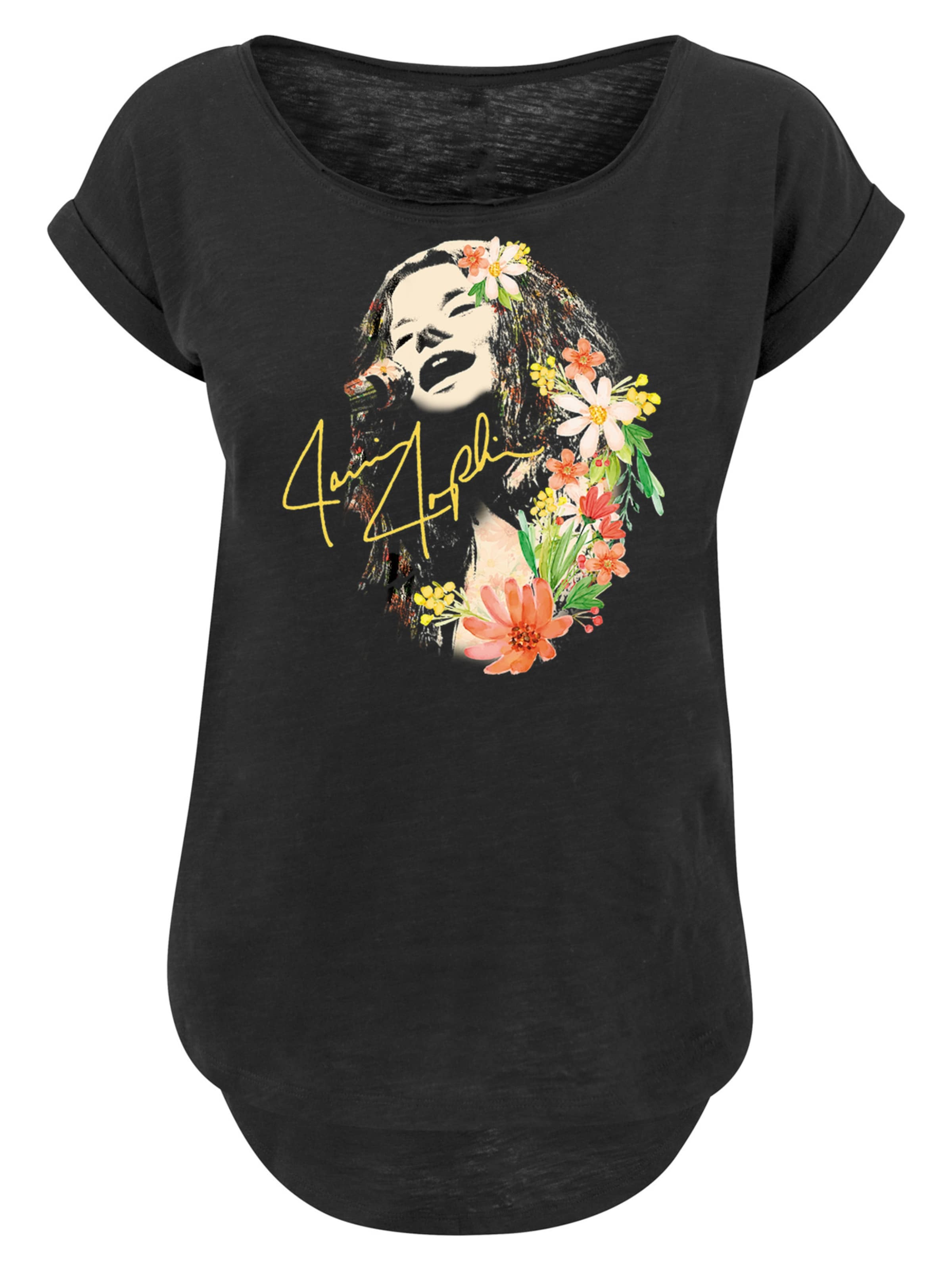 F4NT4STIC Shirt 'Janis Joplin Blumen' in Zwart: voorkant