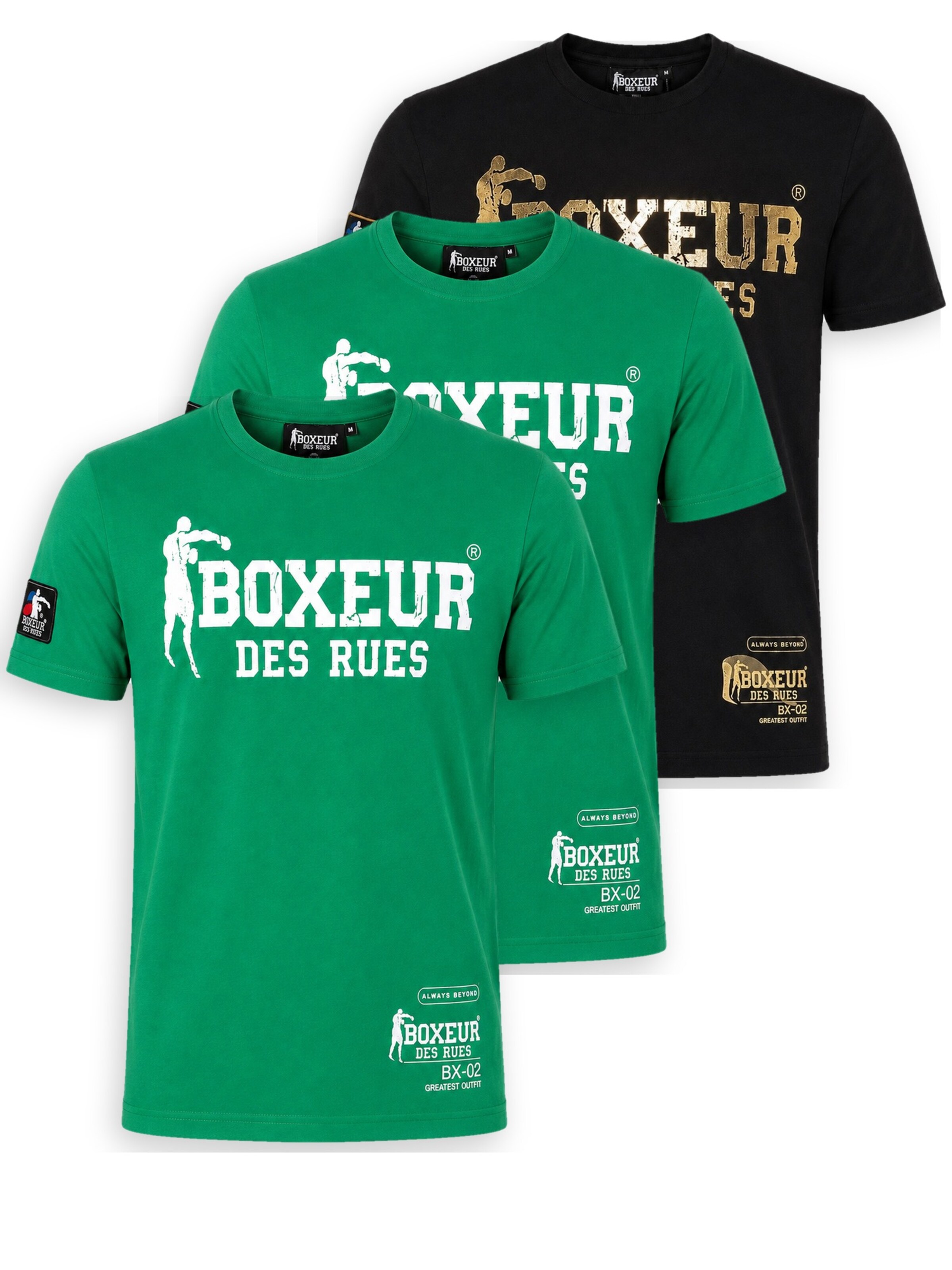 Boxeur des Rues Shirt 'Herren T-Shirt 3er-Pack Boxeur des Rues Slim Fit: Schwarz, Goldenes Logo + 2 x Grasgrün, Weißes Logo' in Gemengde kleuren: voorkant
