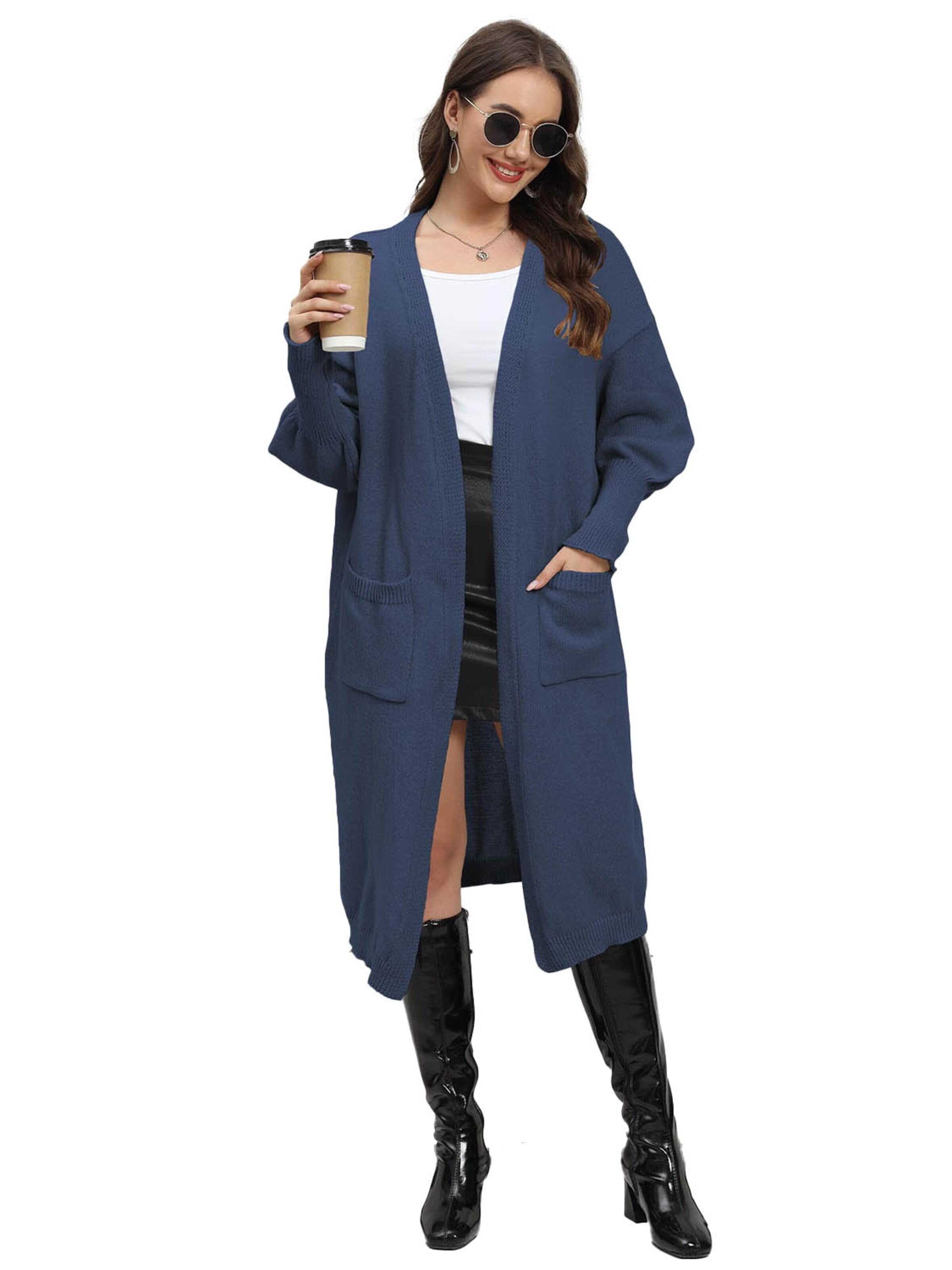 KoJooin Kardigan 'Damen Oversize Wollcardigan Taschen und Ballonärmeln Weicher,Langer Strickmantel in Einheitsgröße' w kolorze niebieski: przód