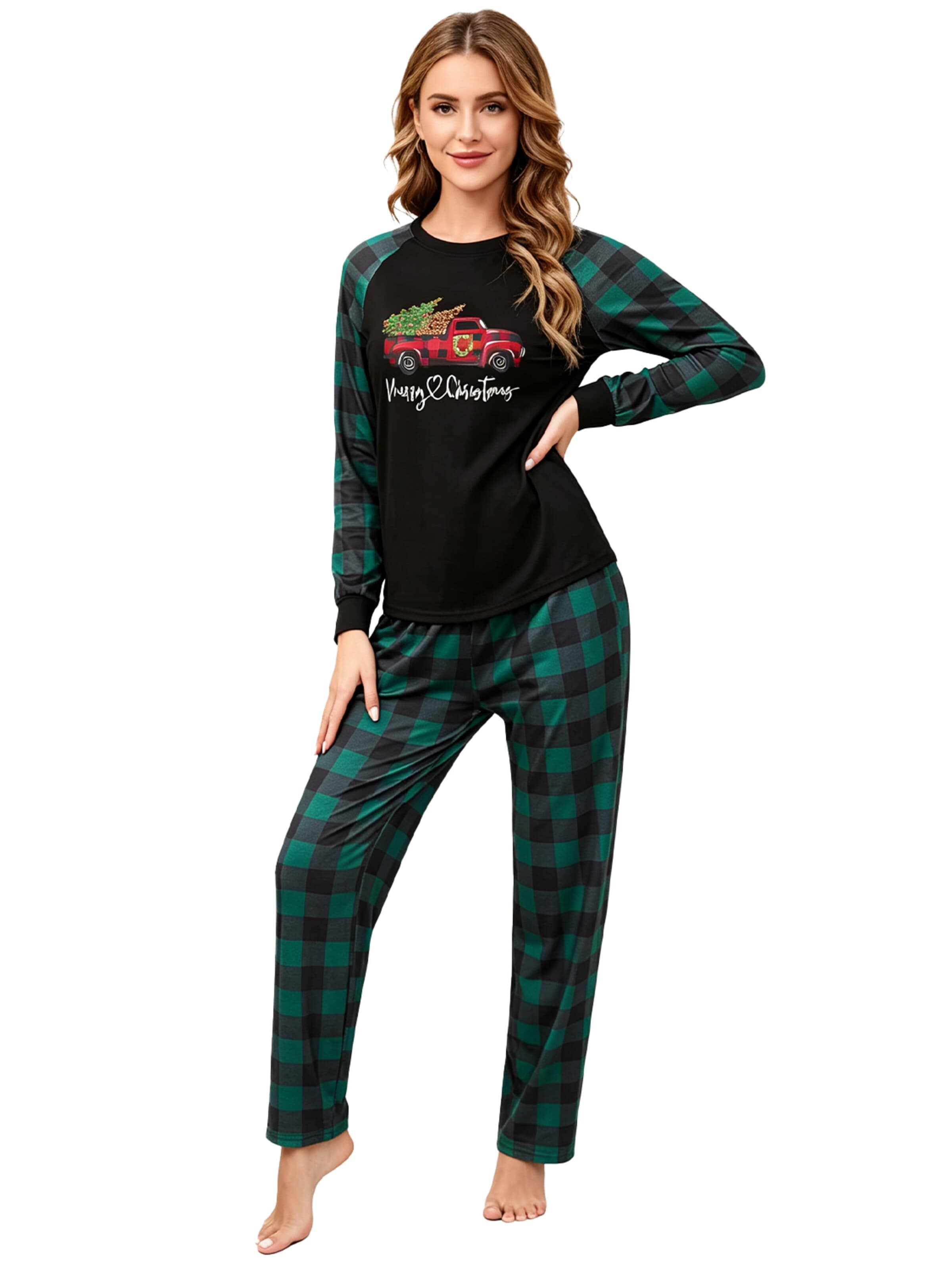 KoJooin Piżama 'Damen Weihnachts-Pyjama-Set im Karomuster Klassische,Langärmelige Loungewear zum Familien-Matching' w kolorze zielony: przód