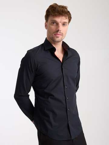 7Camicie - Ajuste estrecho Camisa de negocios 'Firenze Sport Poplin Stretch Man Shirt White' en negro