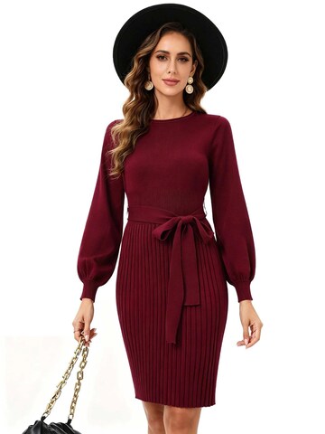 KoJooin Sukienka 'Damen-Strickkleid mit Rundhalsausschnitt, Bindegürtel, Plisseefalten und langen Ärmeln' w kolorze czerwony