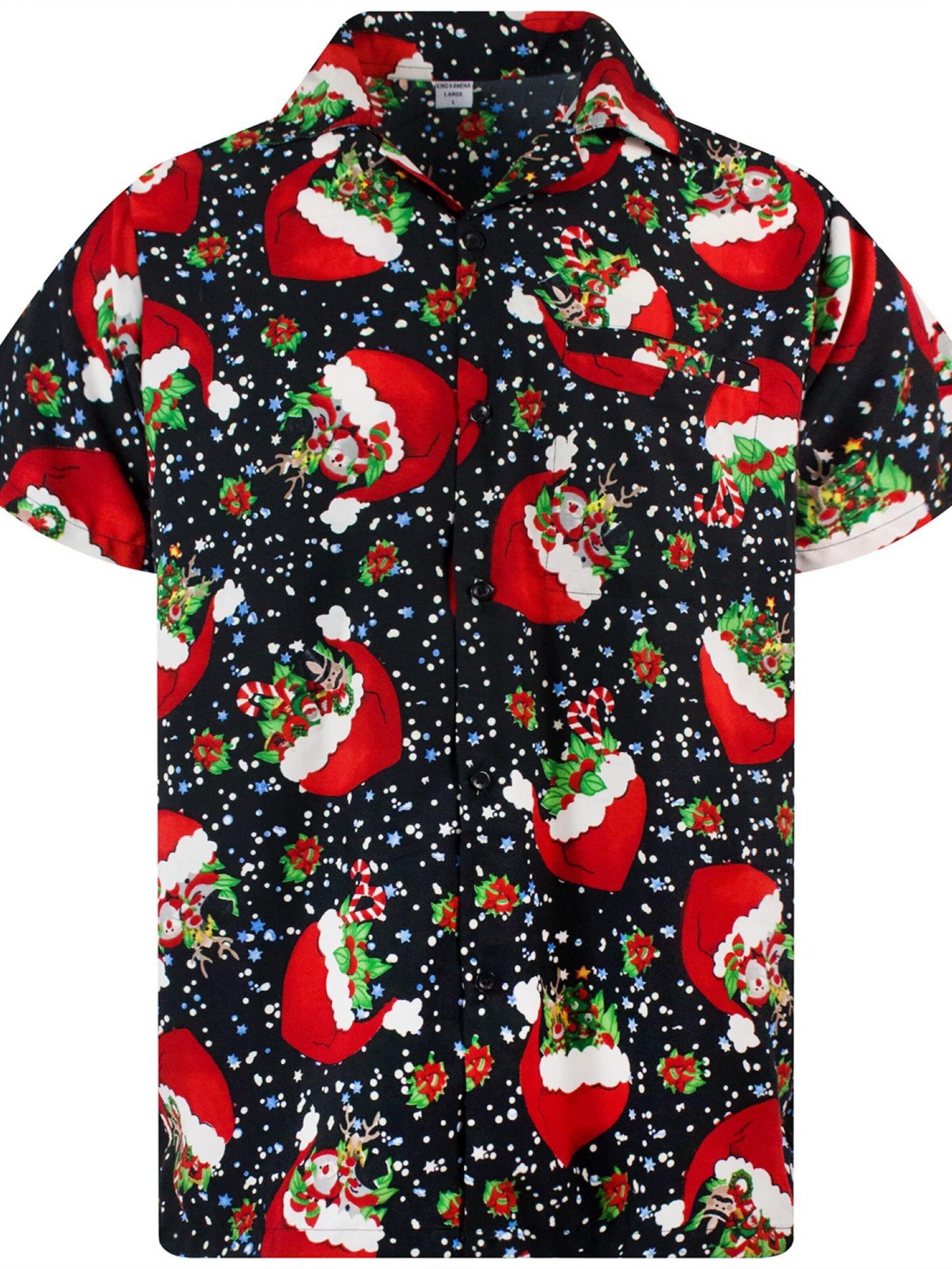 King Kameha Regular fit Overhemd 'Christmas Flying Hats' in Zwart: voorkant