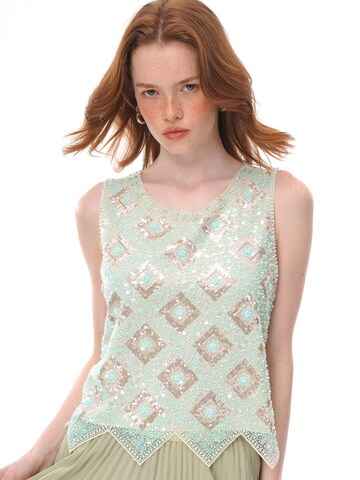 yoligex Top 'Mint Green Geometric Floral Beaded Sequin Mesh Sleeveless Top, Round Neck Irregular Pointed Hem Sheer Vest' w kolorze zielony: przód