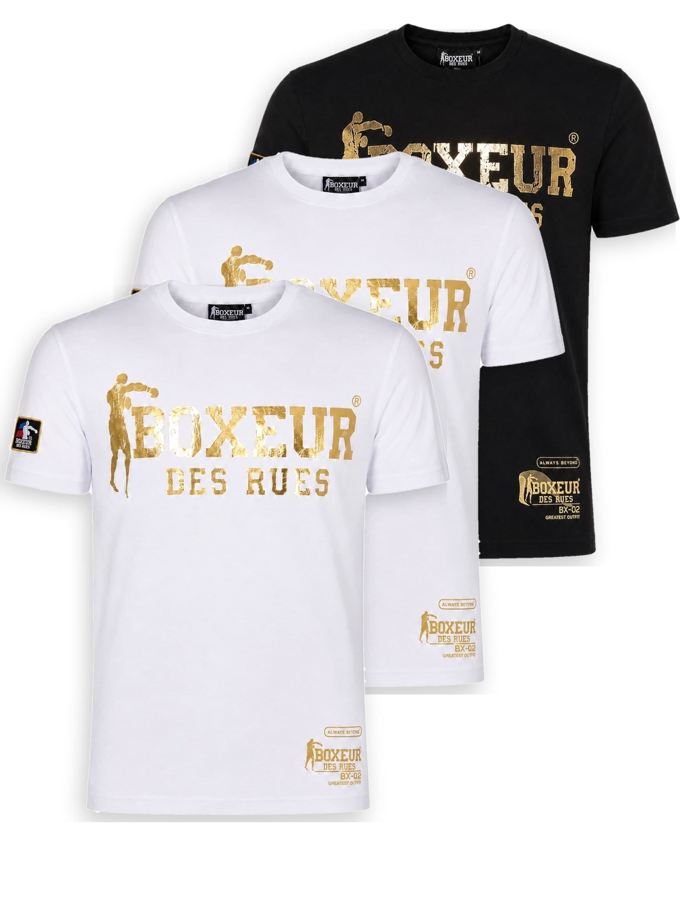 Boxeur des Rues Shirt 'Herren T-Shirt 3er-Pack Boxeur des Rues Slim Fit: 2 x Weiß, Goldenes Logo + Schwarz, Goldenes Logo' in Gemengde kleuren: voorkant