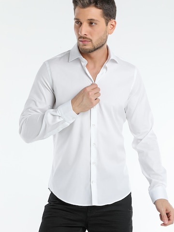 7Camicie Slim fit Zakelijk overhemd 'Firenze Essentials Poplin Stretch Man Shirt White' in Wit: voorkant