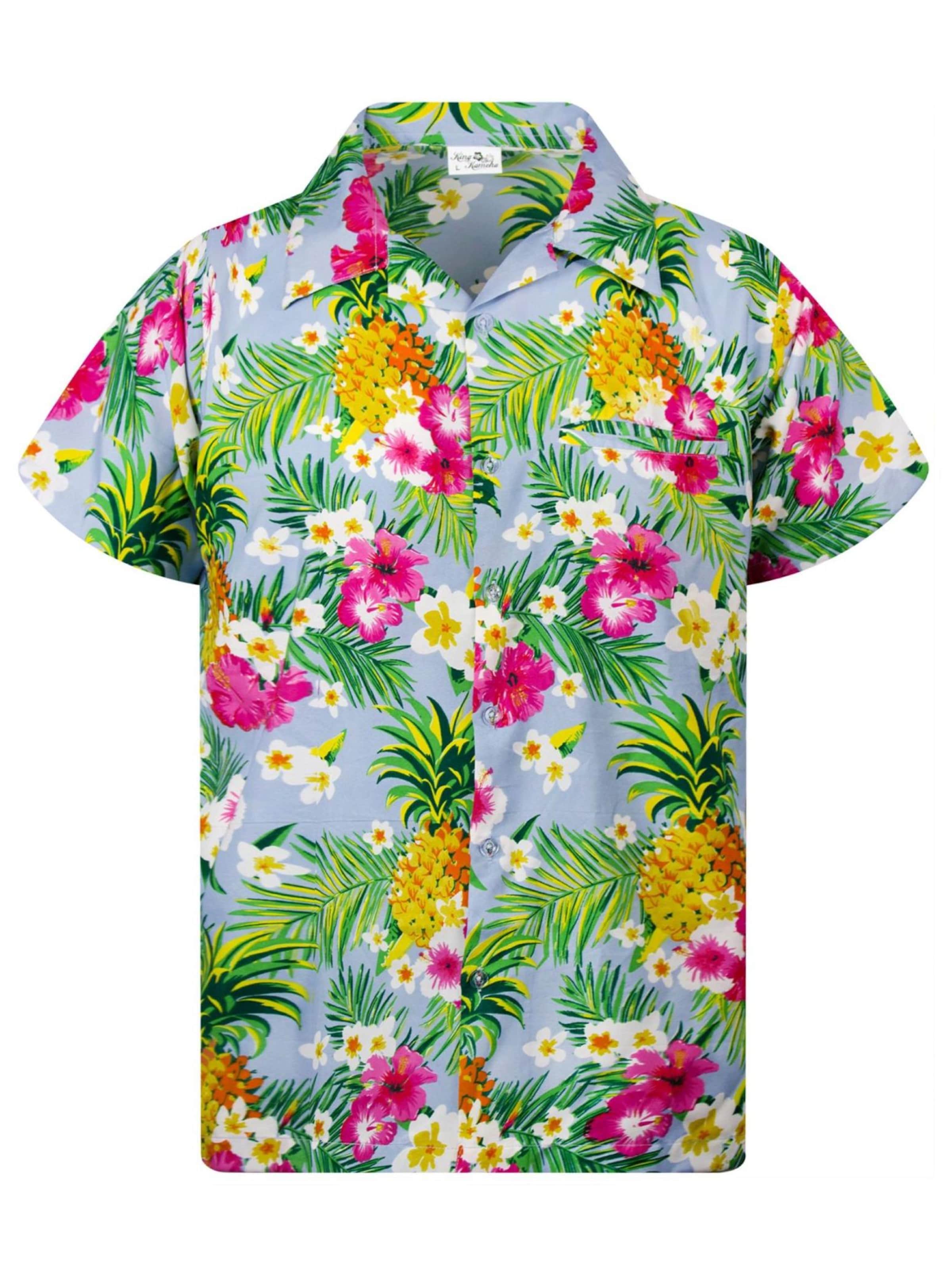 King Kameha Regular fit Button up shirt 'Pineapple Flowers' in Blue: front