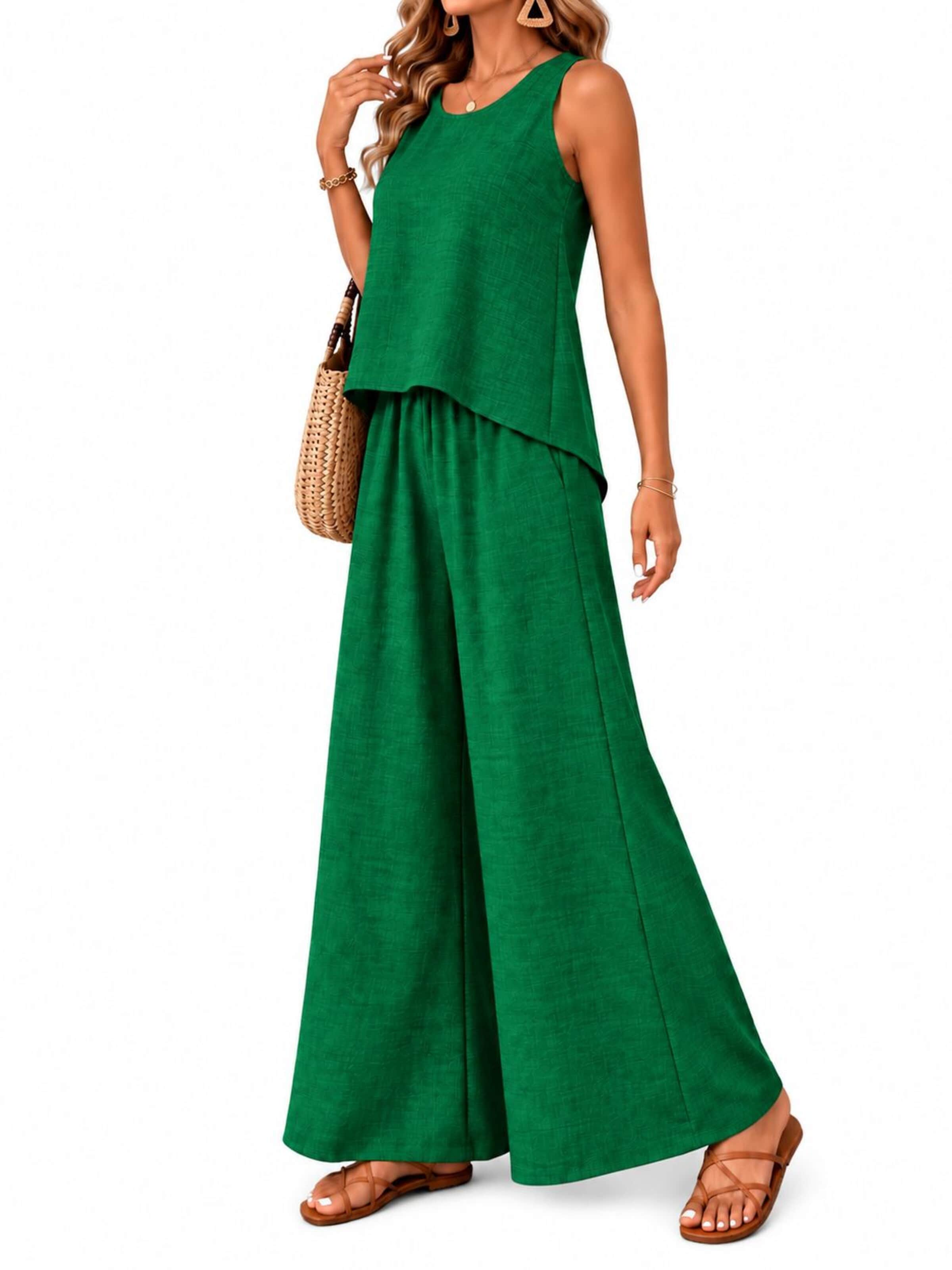 SPORTS36.NL Dress 'Women's Sleeveless Linen-Blend 2-Piece Set' in Green