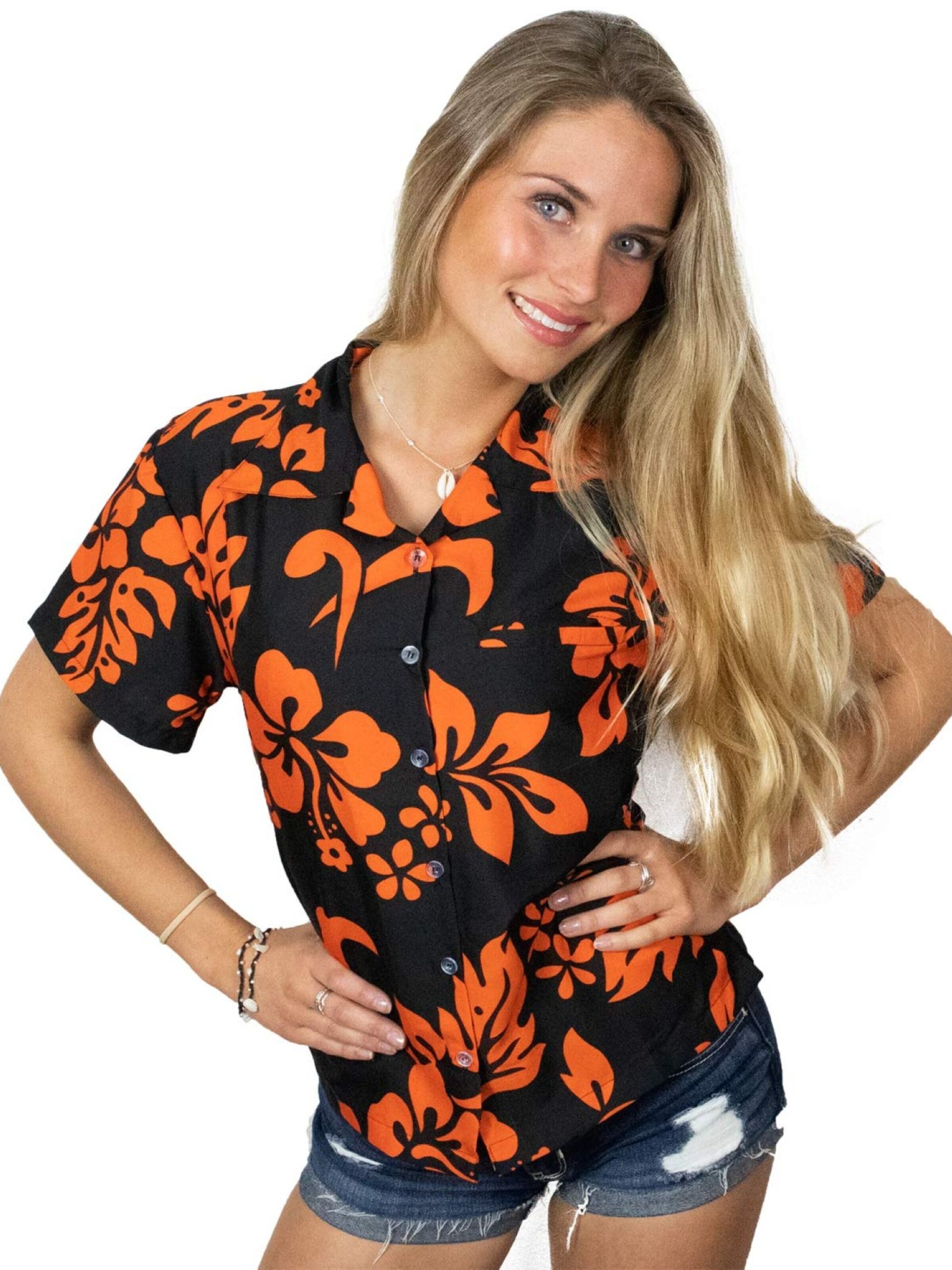 King Kameha Bluse 'Hibiscus Black Line'‌‌‌‌‌‌‌‌ in Orange: Vorderseite