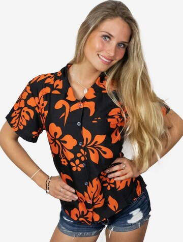 King Kameha Bluse 'Hibiscus Black Line' in Orange: Vorderseite