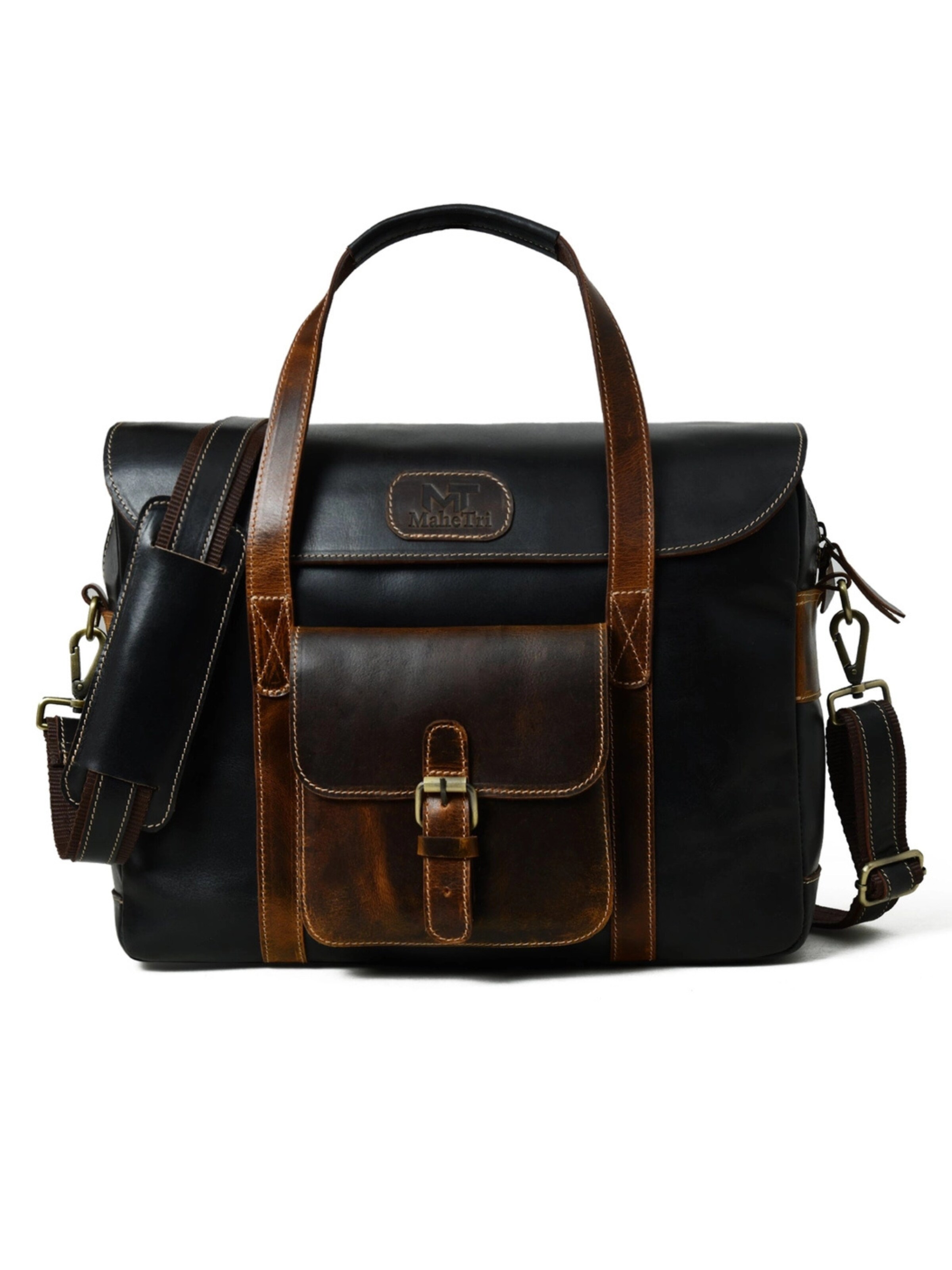 Ella Eisvogel Messenger 'Premium Echtleder Businesstasche mit Trolleyband' in Black: front