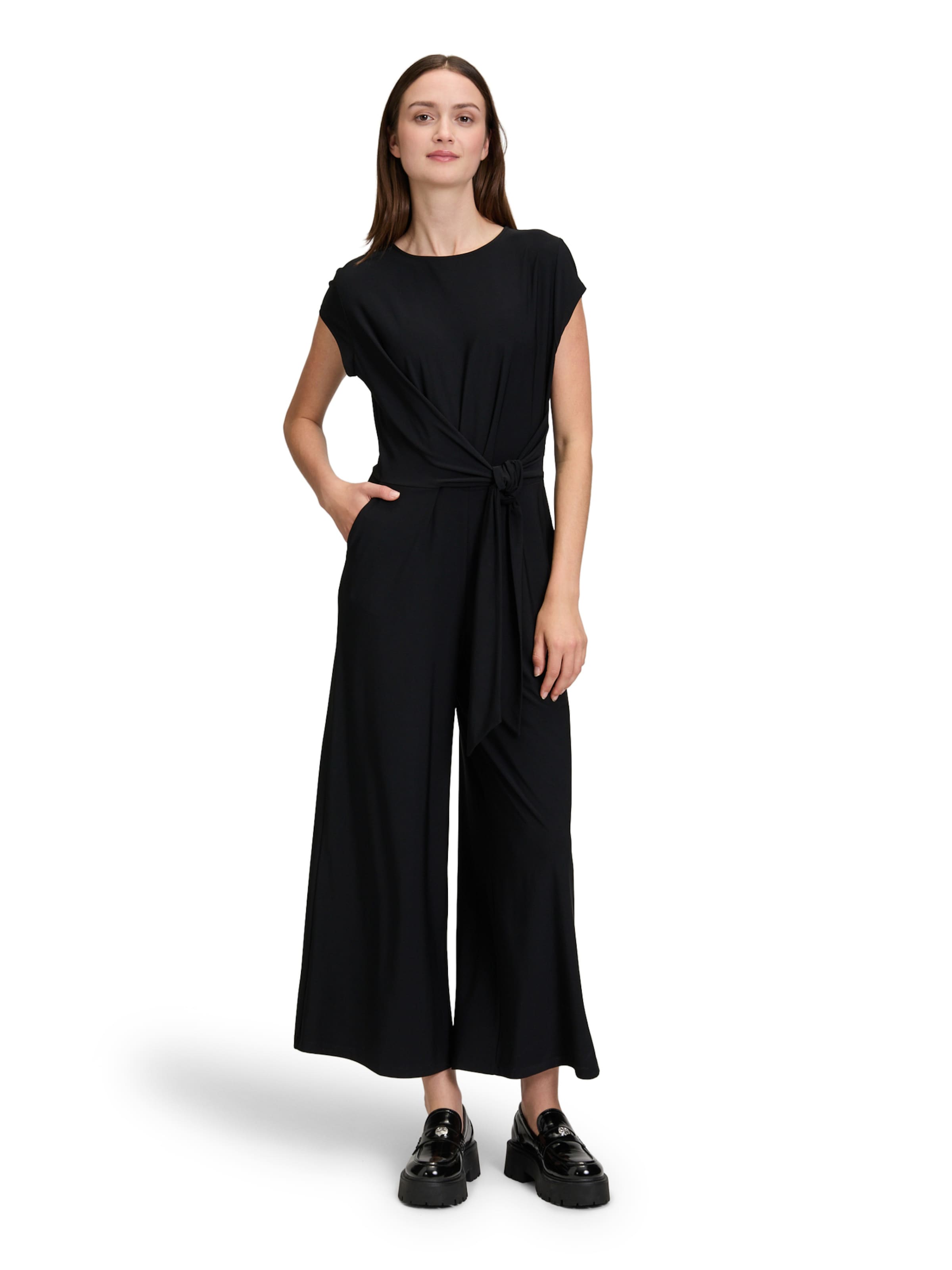 Cartoon Jumpsuit mit Bindegürtel in Schwarz: Vorderseite
