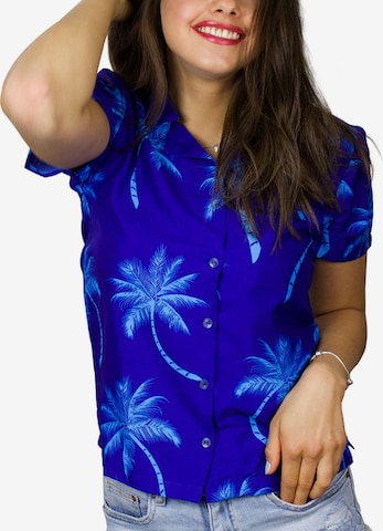 King Kameha Bluse 'Palmshadow' in Blau: Vorderseite