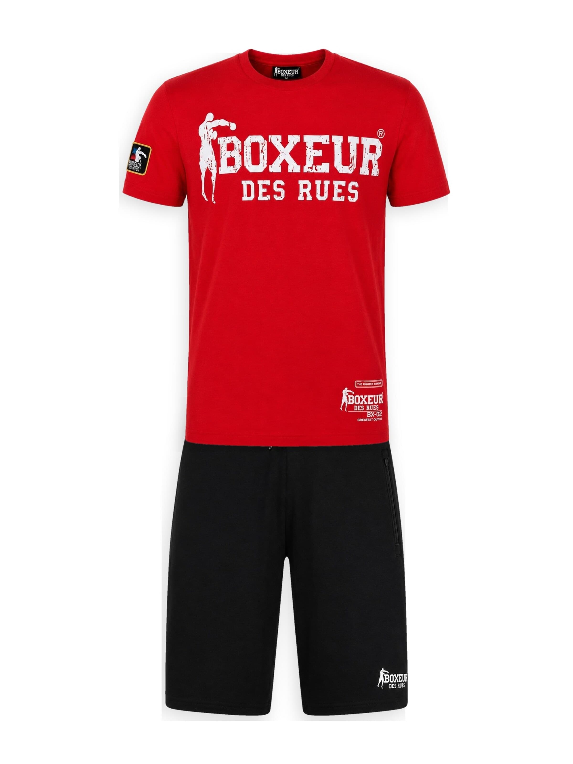 Boxeur des Rues Hausanzug 'Herren Set Boxeur des Rues: Baumwollshorts Schwarz + Slim-Fit T-Shirt Rot, Weißes Logo'‌‌‌‌‌‌‌‌‌‌ in Rot: Vorderseite
