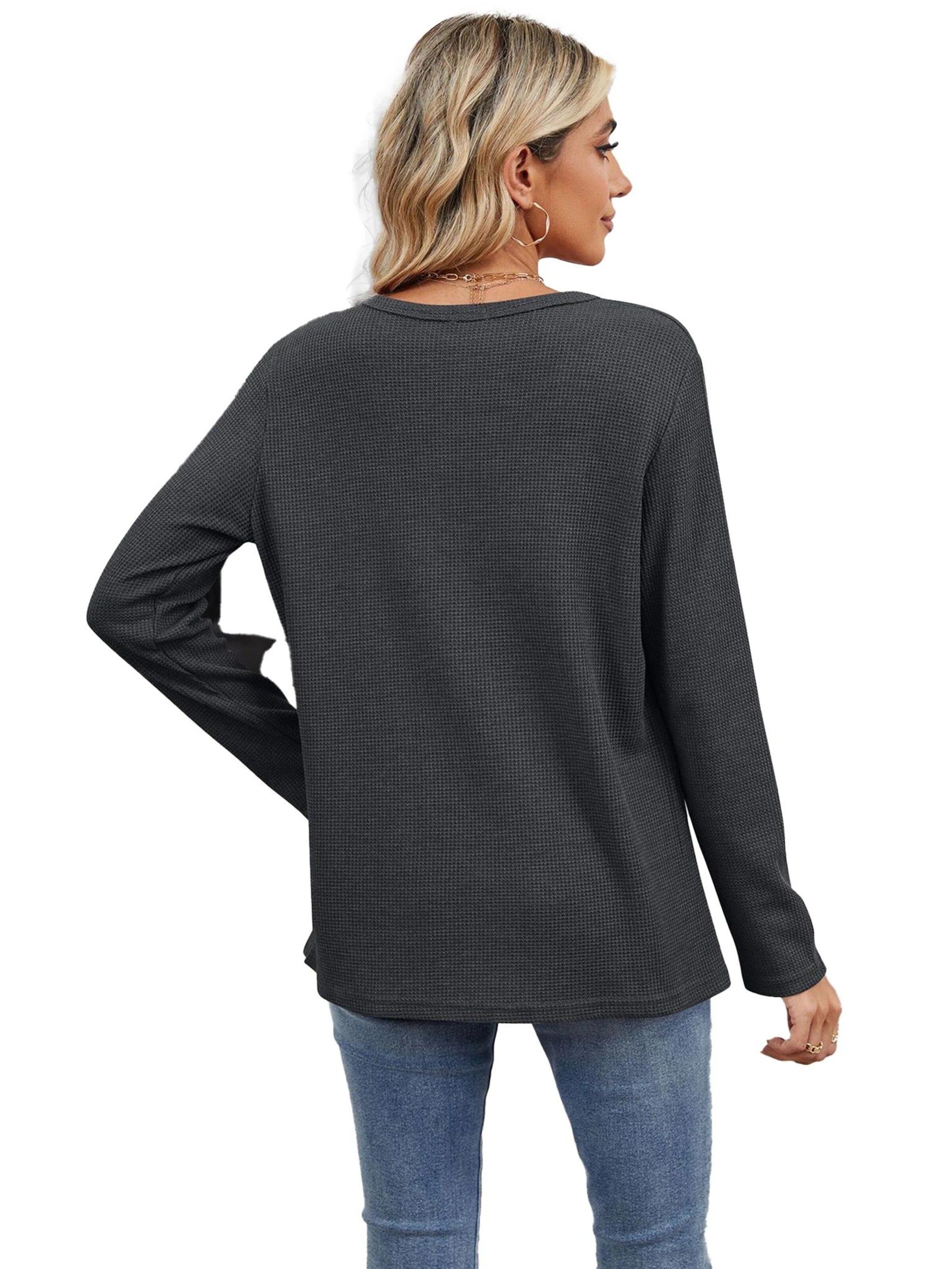 KoJooin Bluse 'Damen Lockeres V-Ausschnitt T-Shirt, langärmlig, unifarben Bequemes Basic für Freizeit,Alltag'‌‌‌‌‌‌‌‌‌‌ in Grau