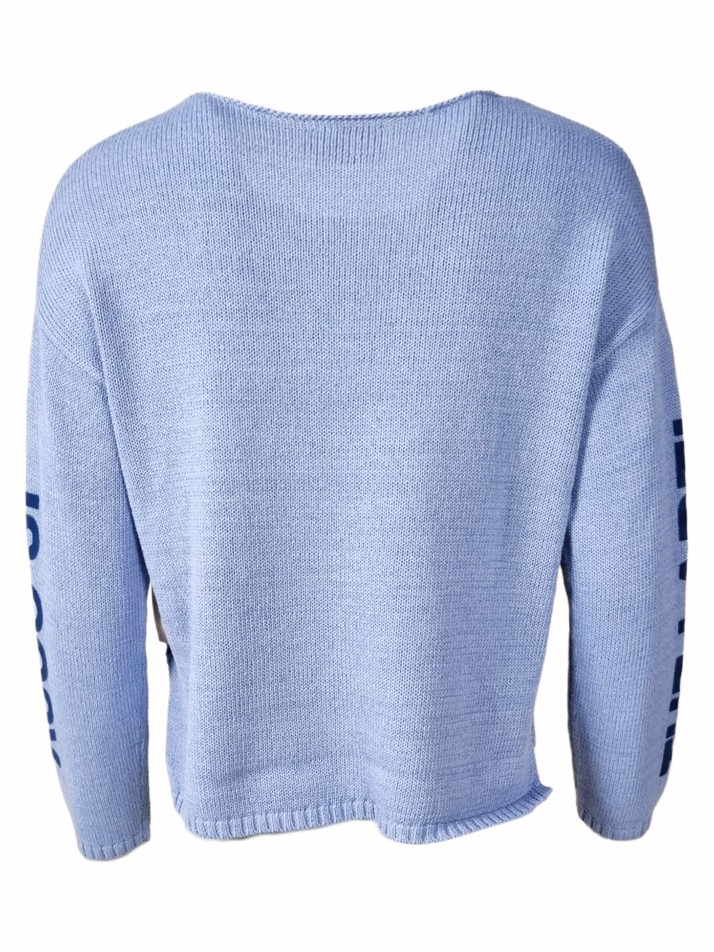 Pullover 'Strickpullover mit Flockschrift und Ziernaht' di LIKS. Munich in blu