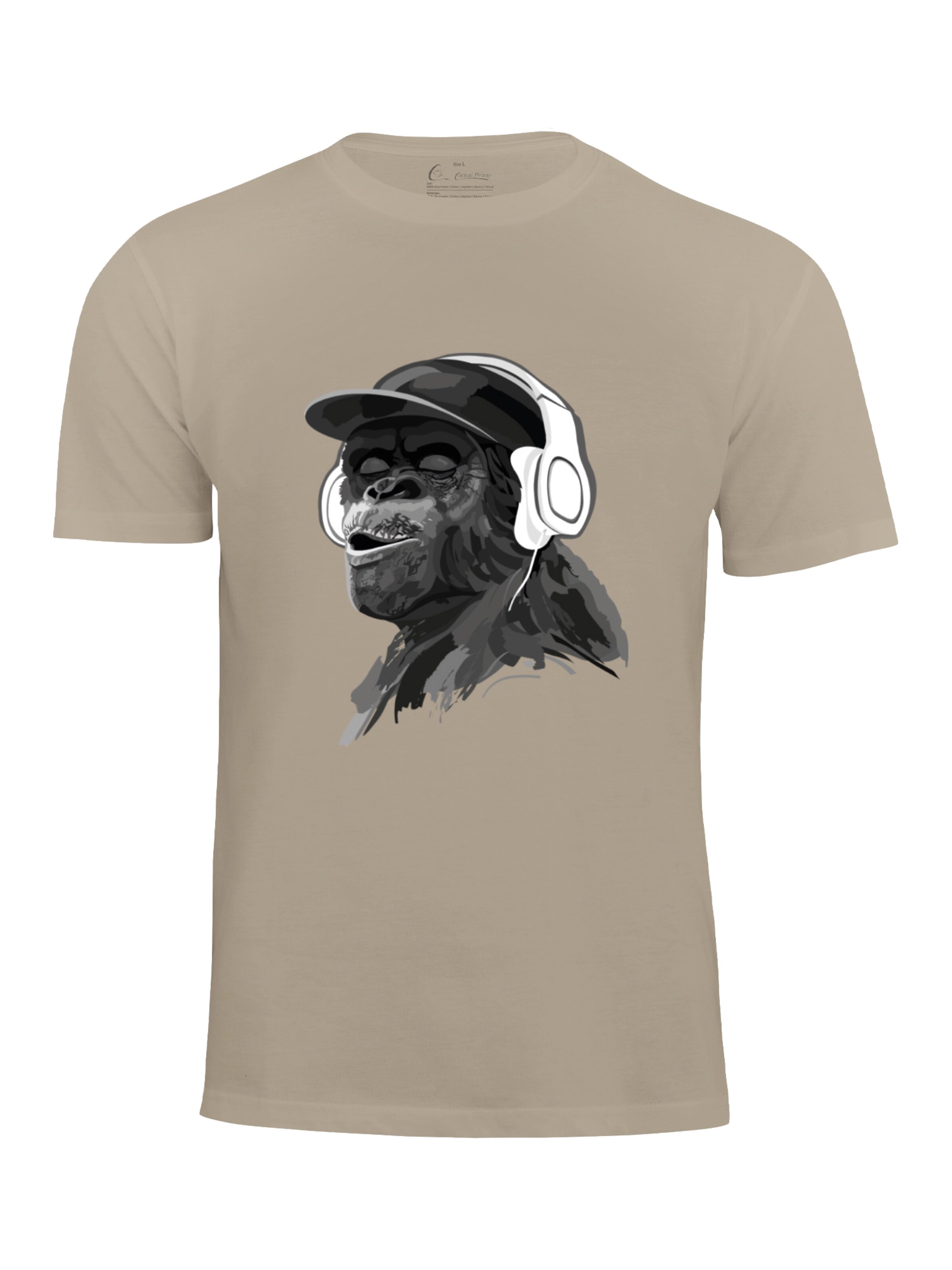 Cotton Prime Shirt 'Monkey mit DJ-Kopfhörer' in Beige: voorkant