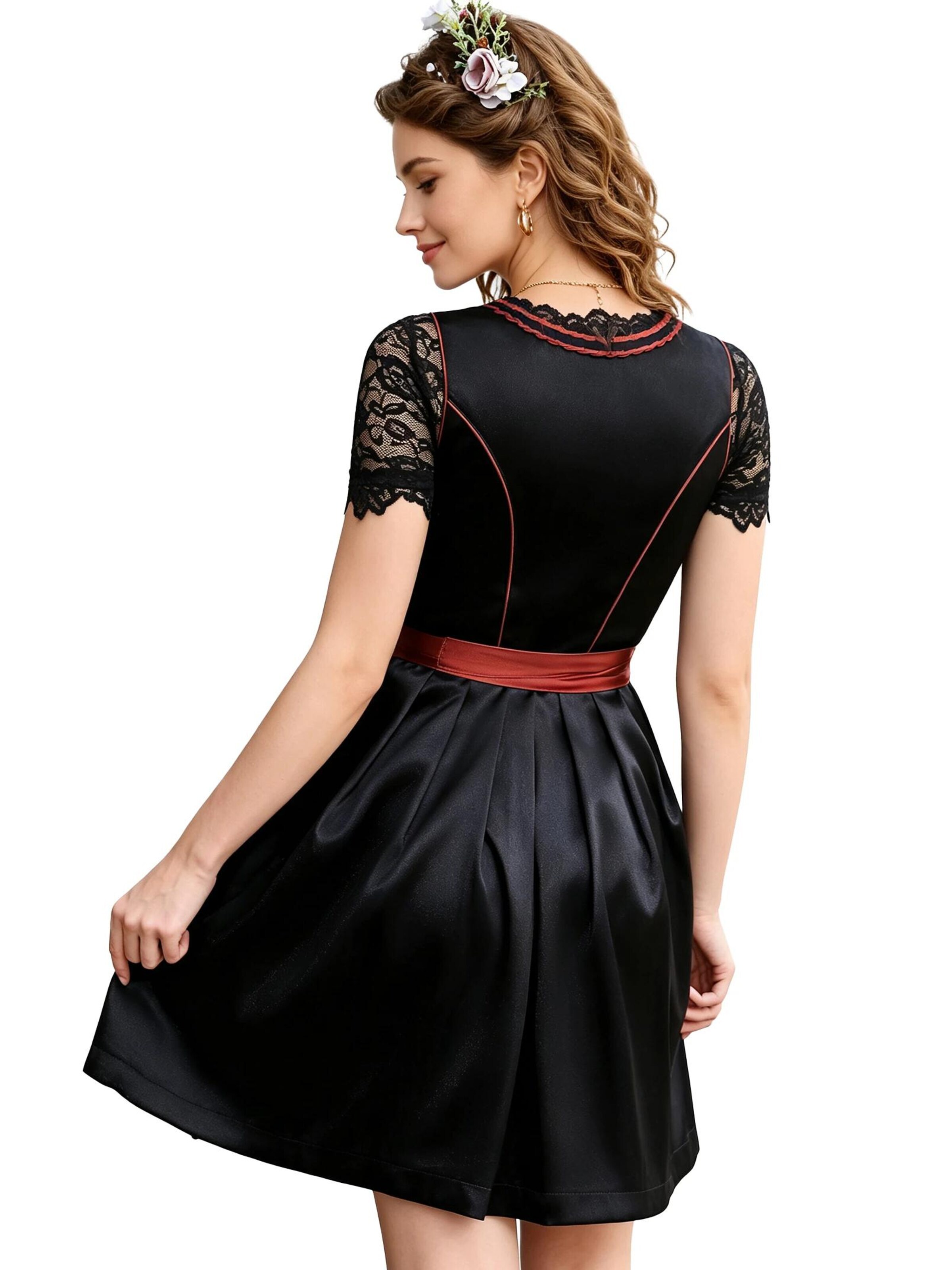 KoJooin Dirndl 'Damen Dirndl 3-Teiler Satinrock Glanzeffekt,Spitzenbluse Spitzenschürze für Oktoberfest,Karneval' w kolorze czarny