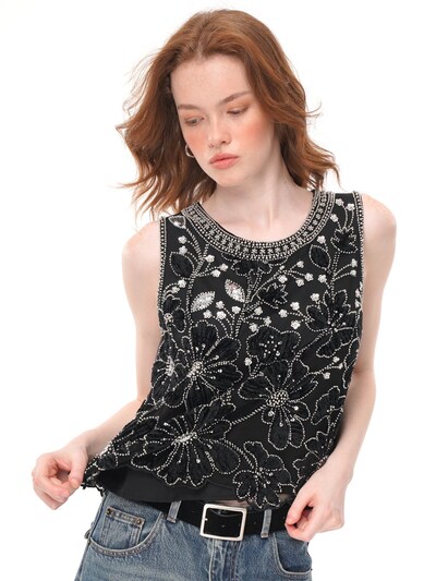 Top 'Floral Applique Beaded Sleeveless Top, Rhinestone‑Trimmed Sheer Crew Neck Vest' in L yoligex di colore nero, Visualizzazione prodotti