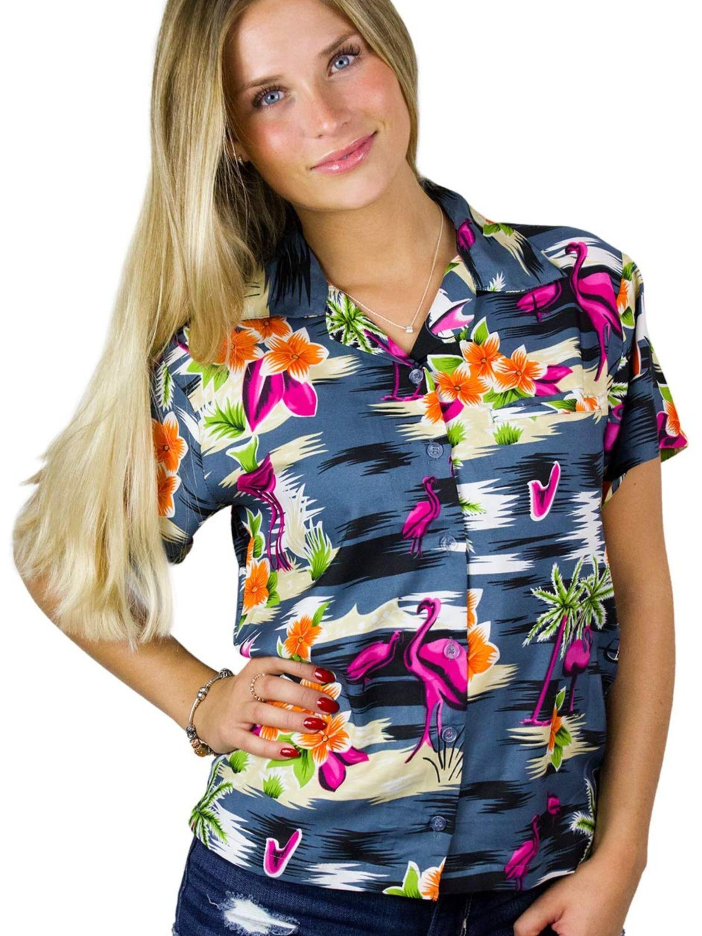 Camicia da donna 'Flamingos' di King Kameha in nero: frontale