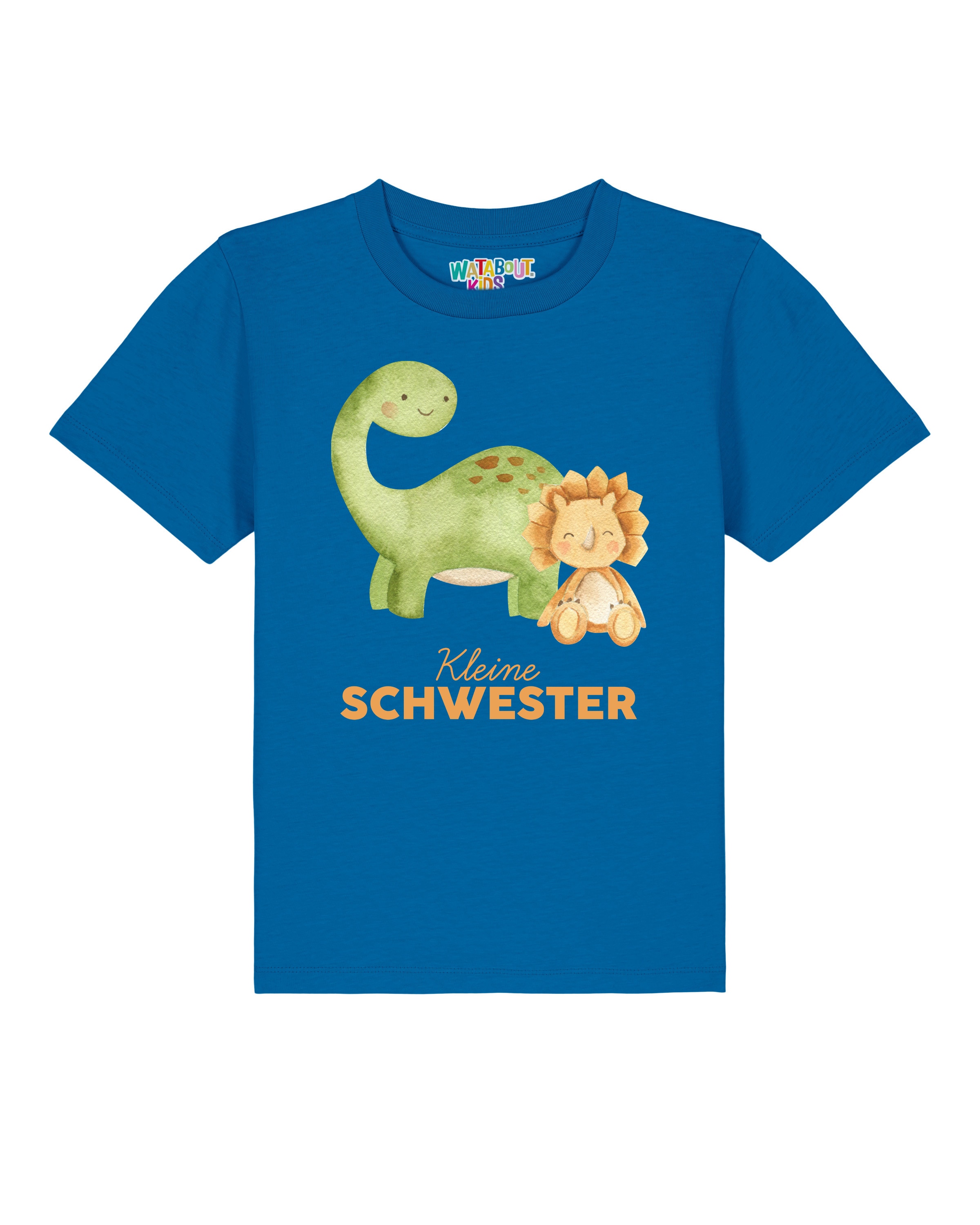 watabout.kids T-Shirt 'Dinosaurier 06 Kleine Schwester' en bleu roi / vert / orange clair, Vue avec produit
