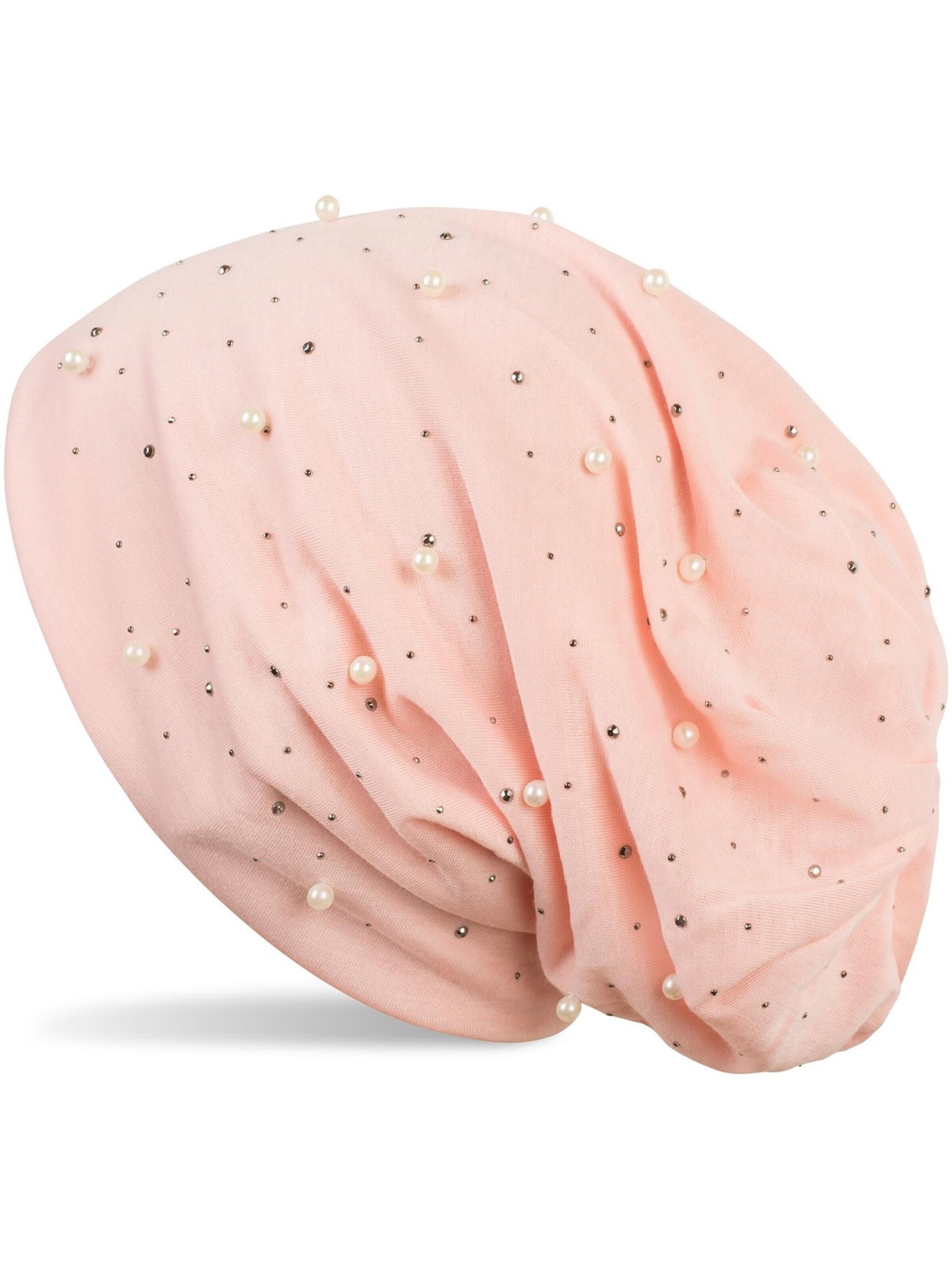 styleBREAKER Mütze 'Beanie mit Perlen und Strass Nieten'‌‌‌‌‌‌‌‌ in Pink: Vorderseite