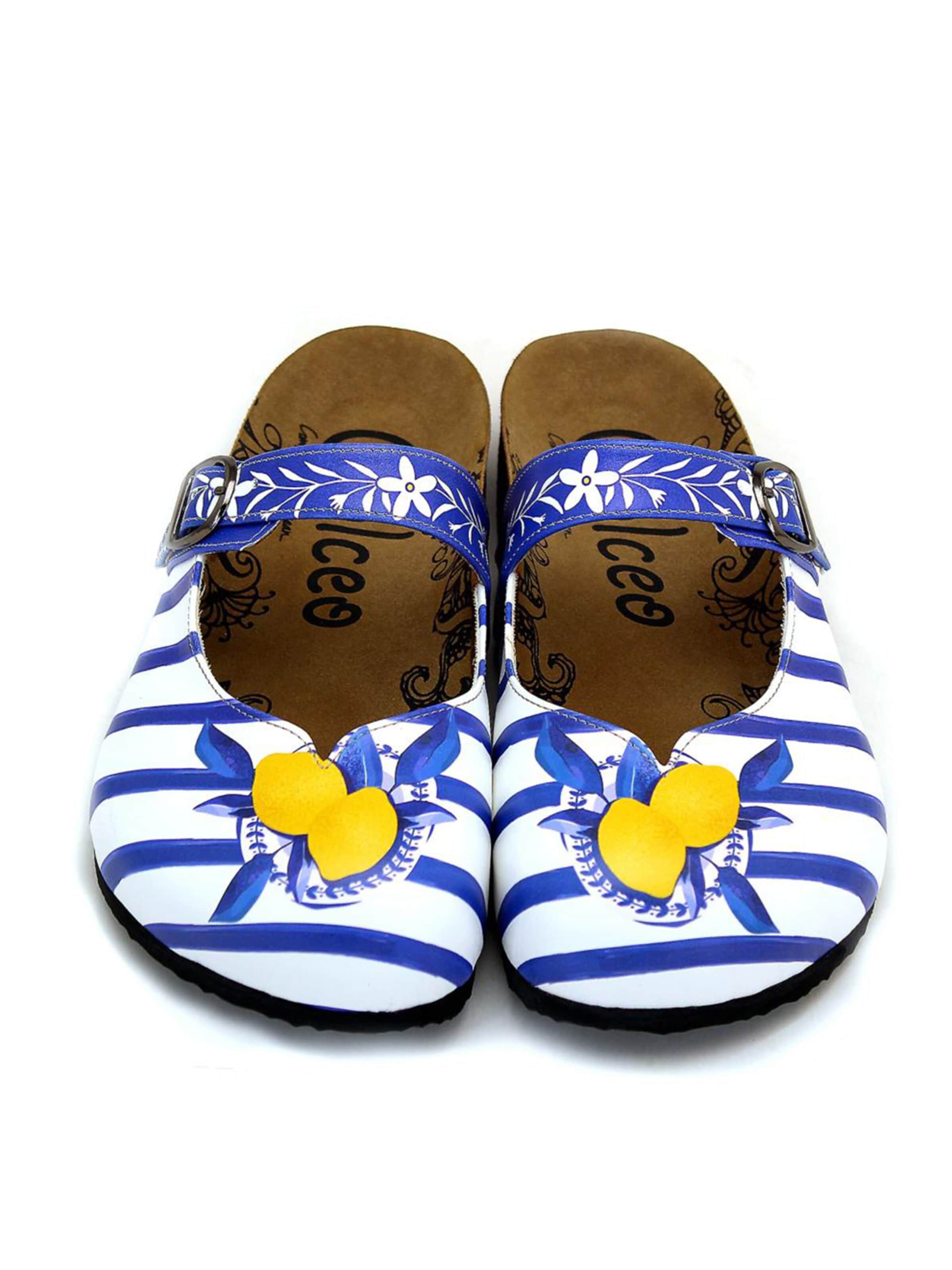 Goby Clogs 'Women Calceo White Clogs WCAL2215 with blue stripes and lemons' in Blauw