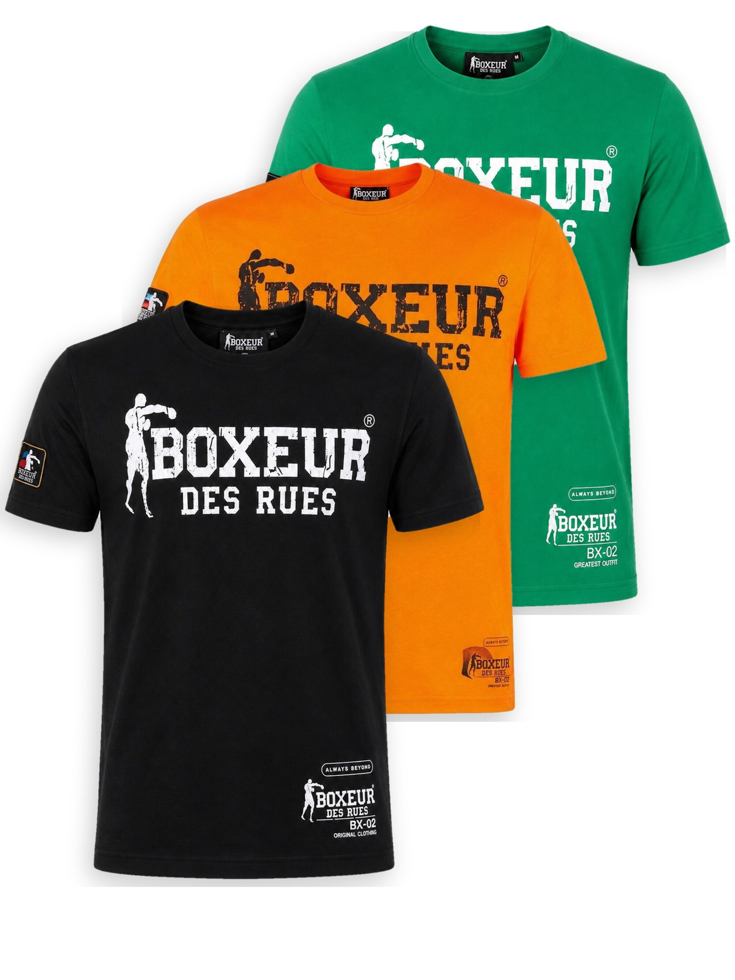 Boxeur des Rues Shirt 'Herren T-Shirt 3er-Pack Boxeur des Rues Slim Fit: Schwarz, Weißes Logo + Orange + Grasgrün, Weißes Logo'‌‌‌‌‌ in XL/Regular in mischfarben, Produktansicht