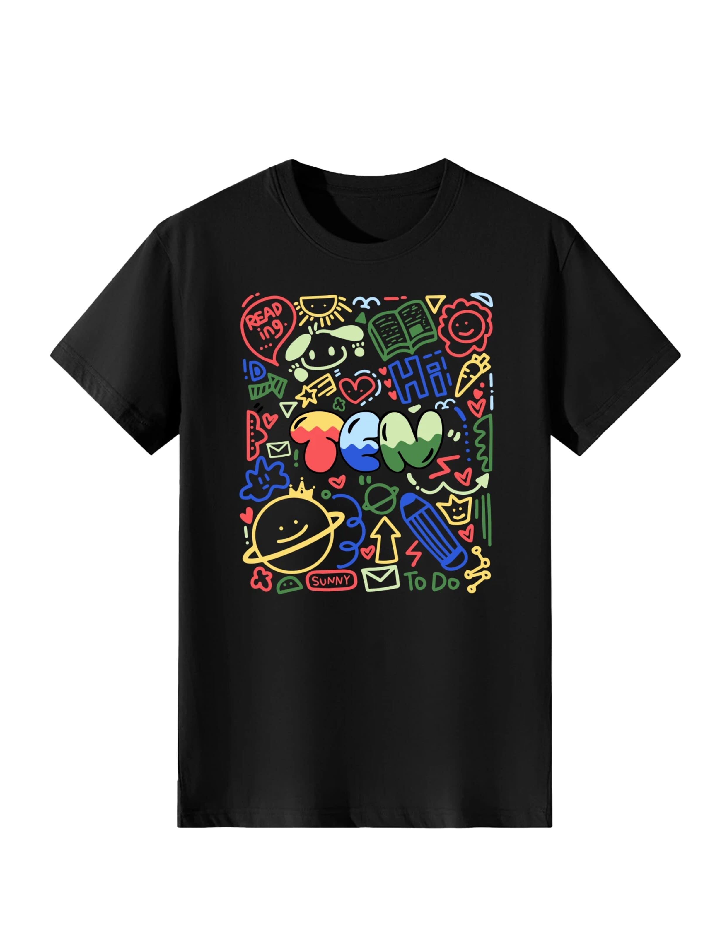 LapaPlus Shirt 'Women Colorful Graffiti TEN Letter Cute Print T-Shirt' in Black: front