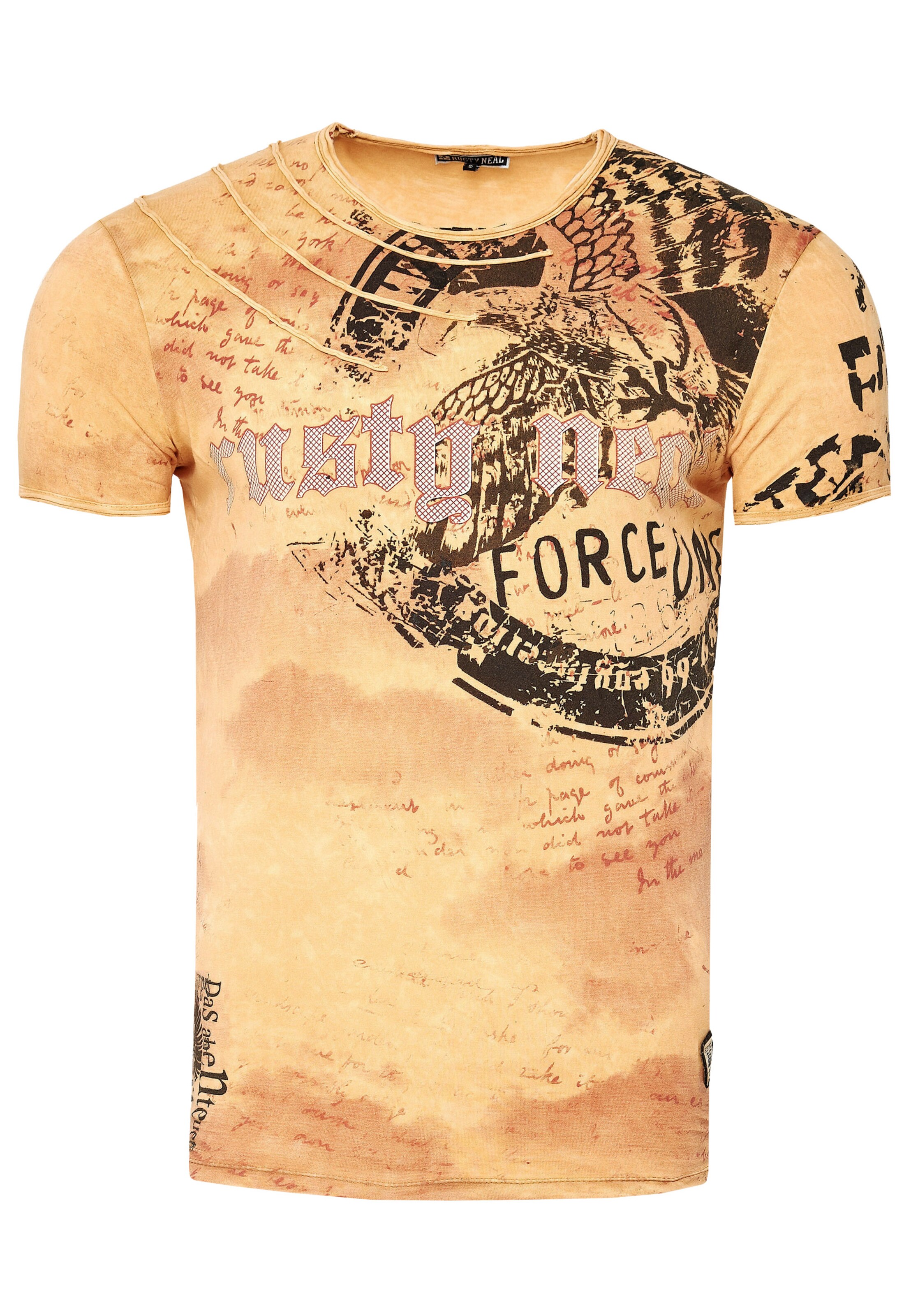 Rusty Neal Cooles T-Shirt mit angesagtem Print in Orange: Vorderseite