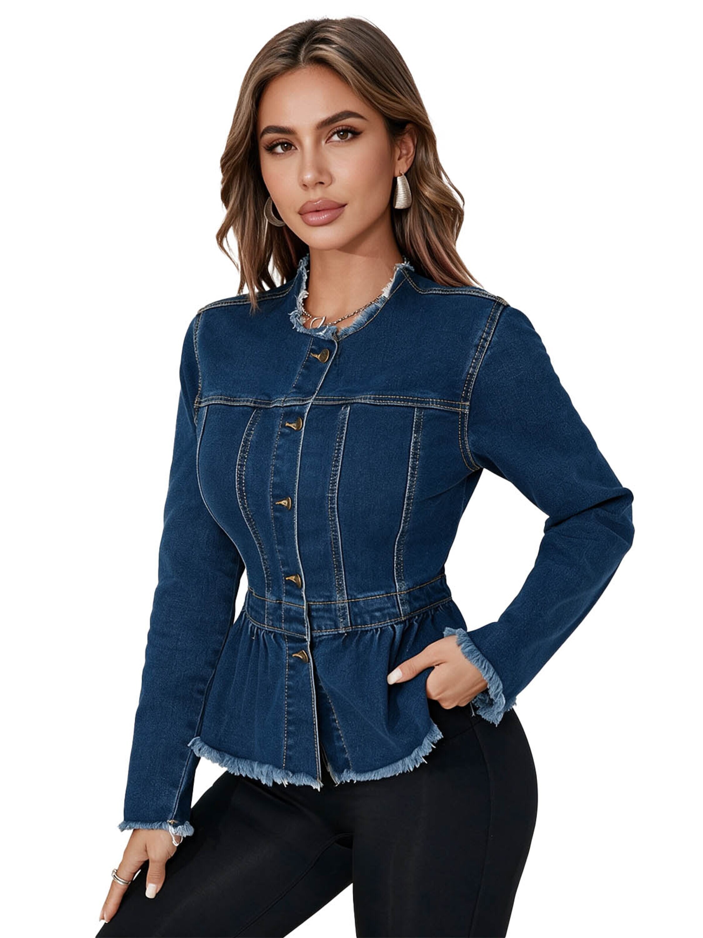 KoJooin Kurtka przejściowa 'Damen Jeansjacke mit Peplum-Saum Kragenloser Rundhalsausschnitt, Knopfleiste und Kurzschnitt' w kolorze niebieski