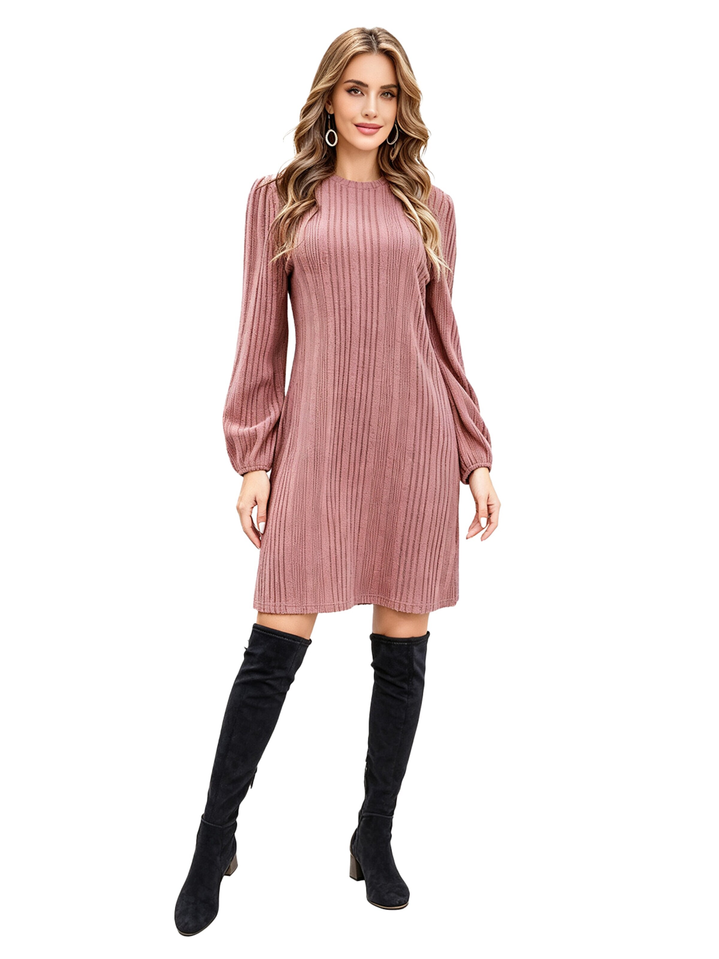 KoJooin Kleid 'Damen Strickkleid für Herbst und Winter Lässiges,Rippstrick,Fließendes Kleid mit Gürtel für Arbeit'‌‌‌‌‌‌‌ in Pink