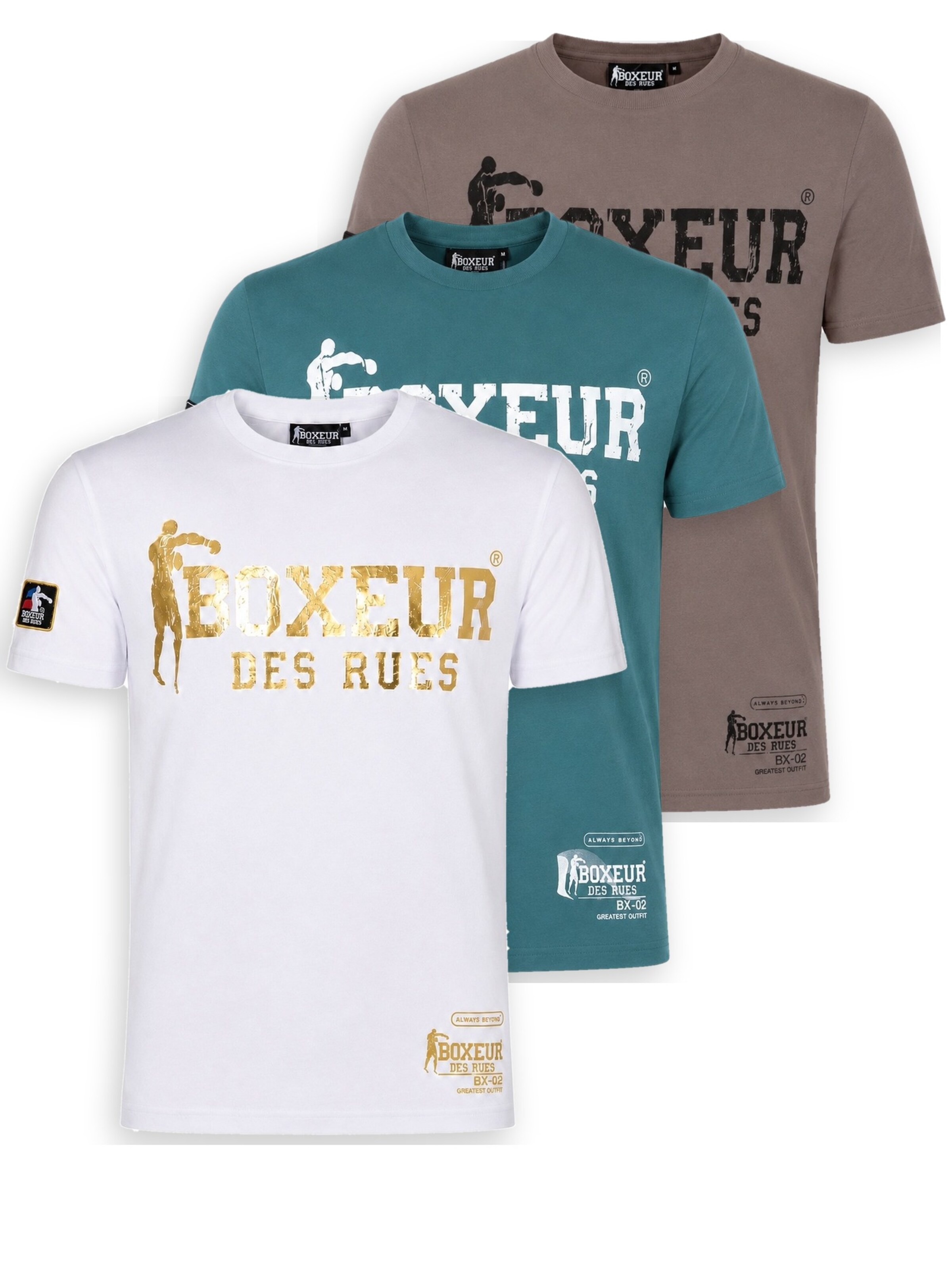 T-Shirt 'Herren T-Shirt 3er-Pack Boxeur des Rues Slim Fit: Weiß, Goldenes Logo + Ozeanblau, Weißes Logo + Taupe-Grau' Boxeur des Rues en multicouleur : devant