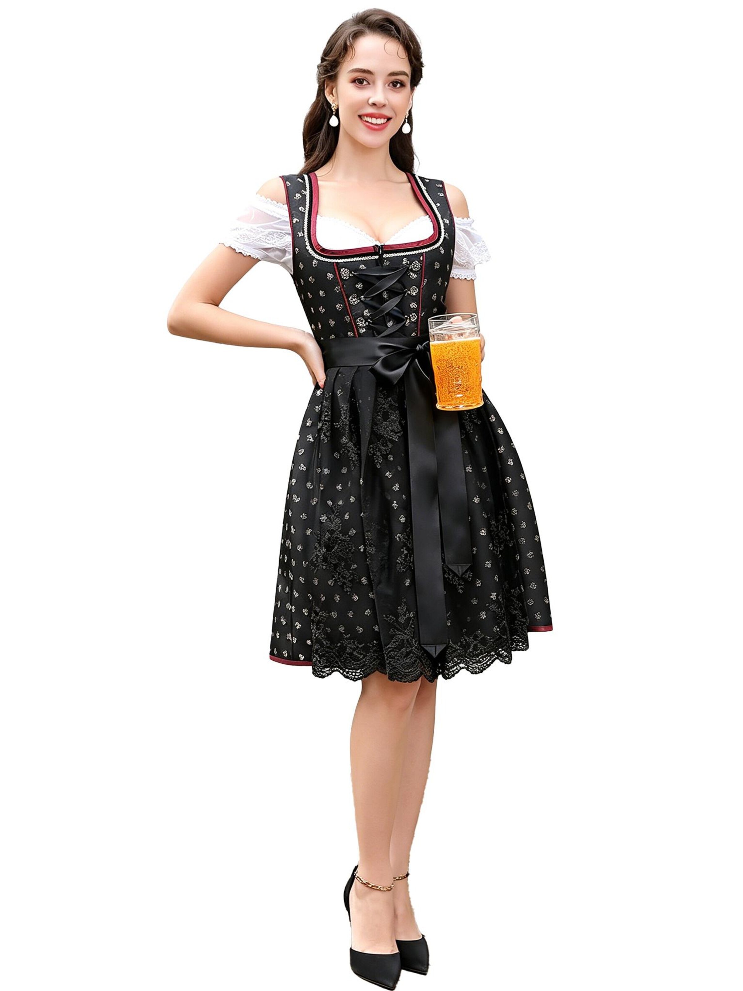 KoJooin Dirndl 'Damen Dirndl 3-teiliges Set,Blumenmuster Jacquard Spitzen Schürze Kleid, Bayerisches Oktoberfest' w kolorze czarny